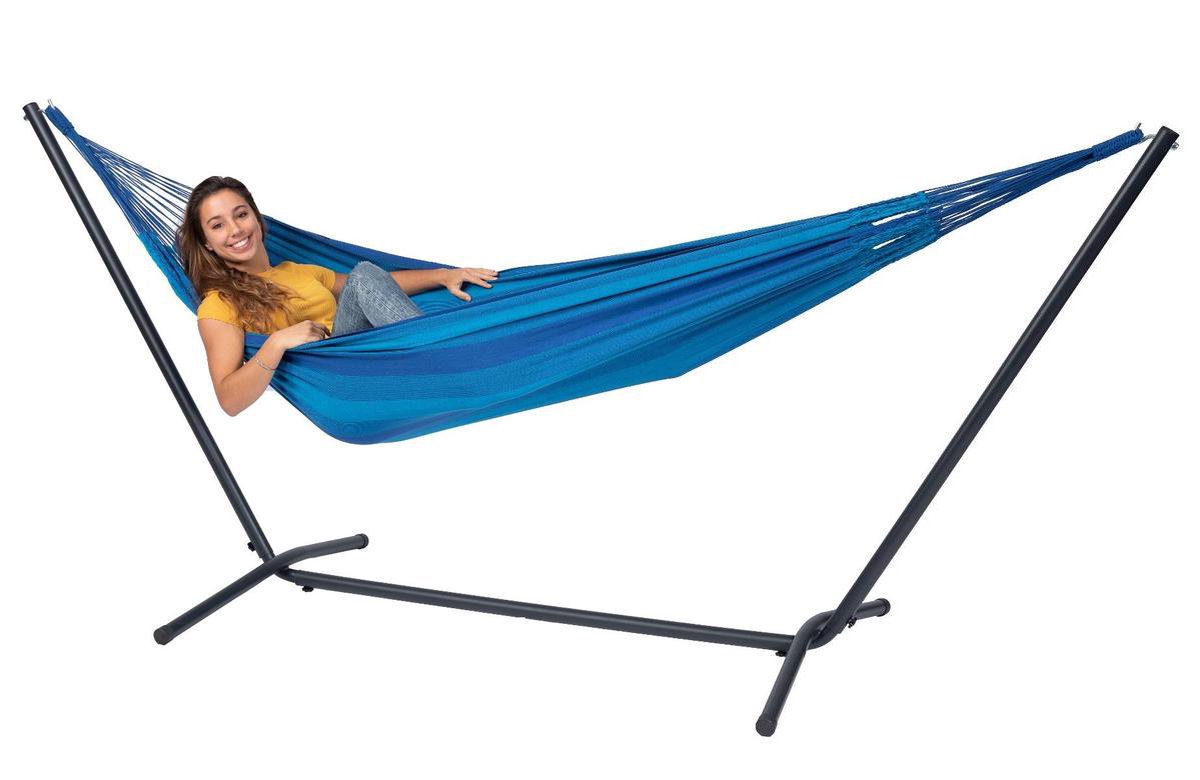 Hangmat met Standaard Eénpersoons 'Easy & Dream' Blue | Complete hangmatset | Bevestiging inclusief | 120 KG | 320 CM | Polycotton + Metaal | 1% For The Planet | Tropilex (8719925912245)