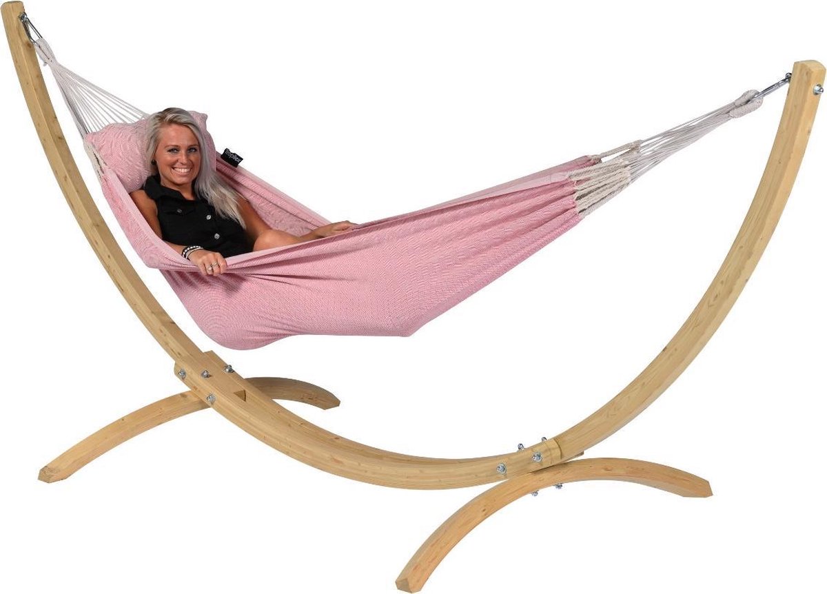 Hangmat met Standaard Eénpersoons 'Wood & Natural' Pink | Complete hangmatset | Bevestiging inclusief | 120 KG | 352 CM | Polycotton + Vurenhout (FSC® Mix) | 1% For The Planet | Tropilex (8719925912085)