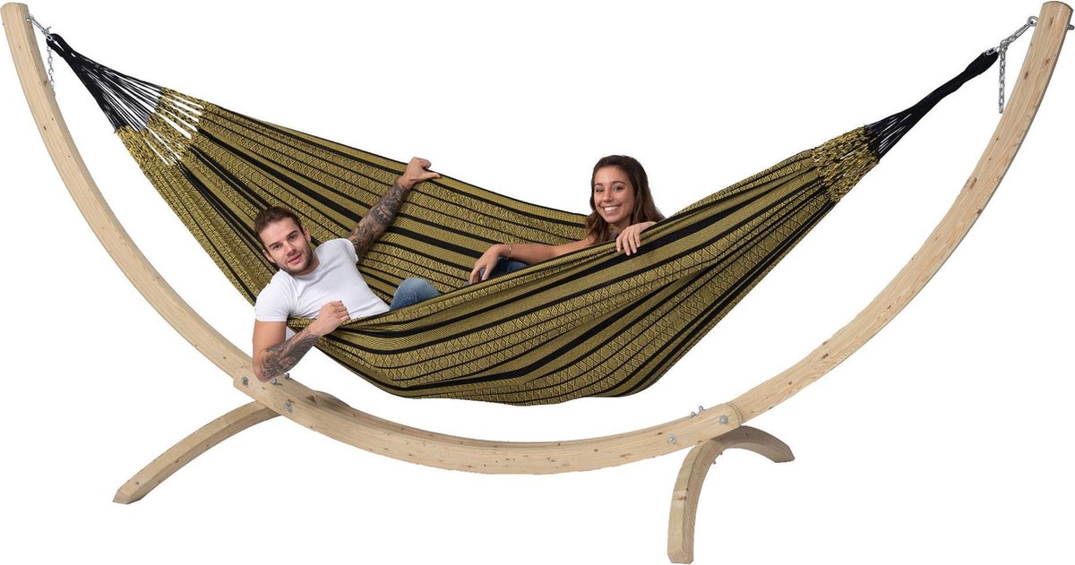 Hangmat met Standaard Familie 'Wood & Black Edition' Gold | Complete hangmatset | Bevestiging inclusief | 200 KG | 400 CM | Polycotton + Vurenhout (FSC® Mix) | 1% For The Planet | Tropilex (8719925913990)