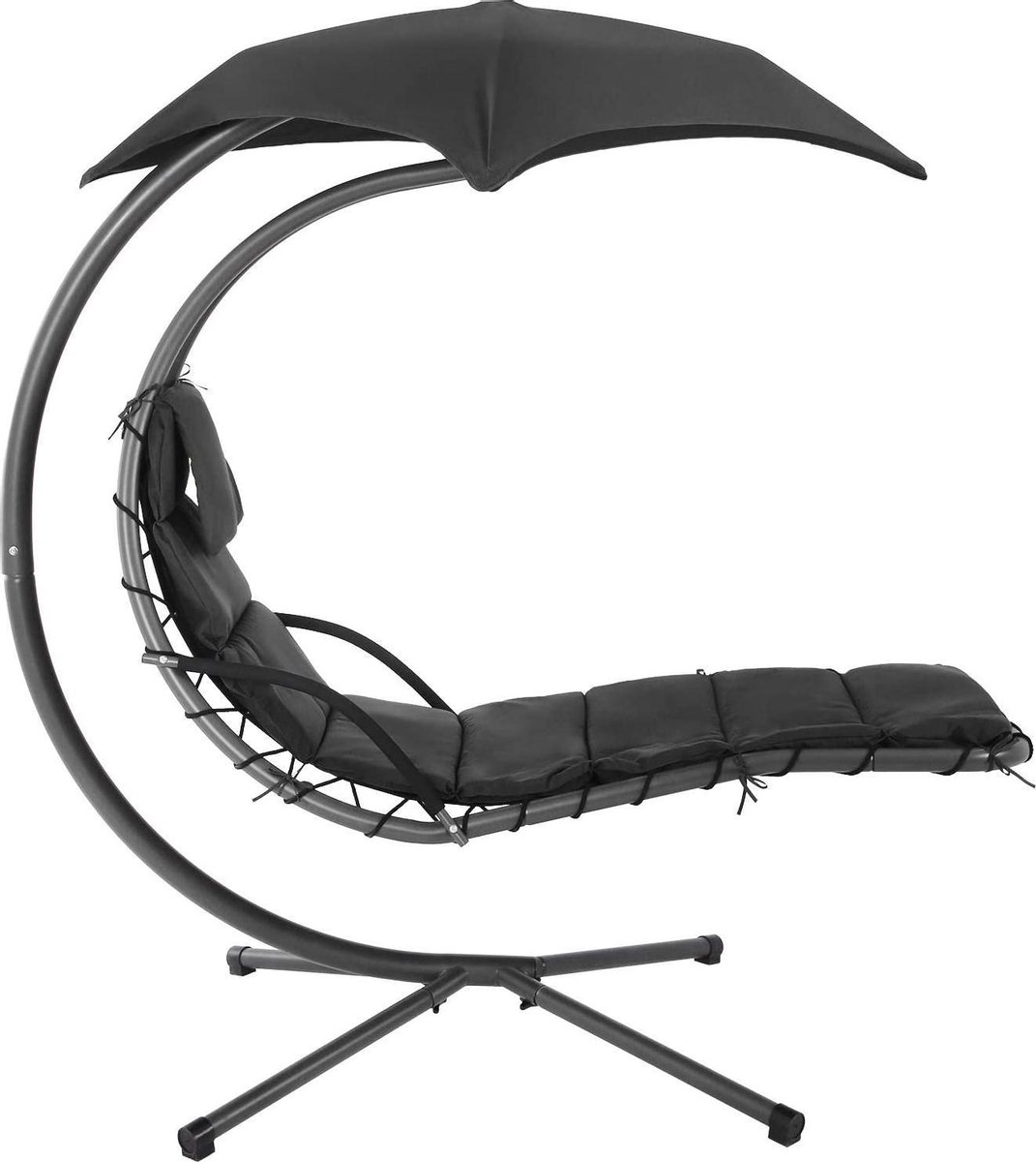 Hangstoel met standaard en parasol, ligstoel met 5 cm matras, schommelstoel, draagkracht - GHC10BK150 kg, voor terras, balkon, tuin, zwart (7435840316371)