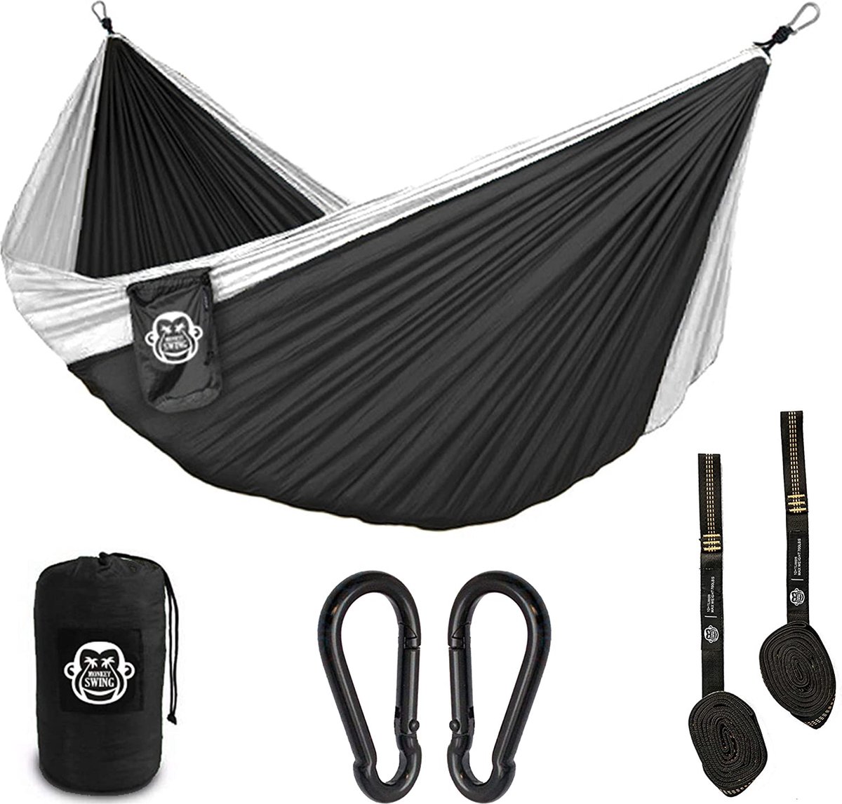 Monkey Swing Reishangmat Ultra Light (275 x 140 cm, 220 kg draagvermogen) in set met 2 x zware last-riem en 2 x karabijnhaken I Outdoor, Travel, Trekking & Camping Hangmat, Travel-hammock, Tuin, Strand (zwart/wit) (0799196197921)