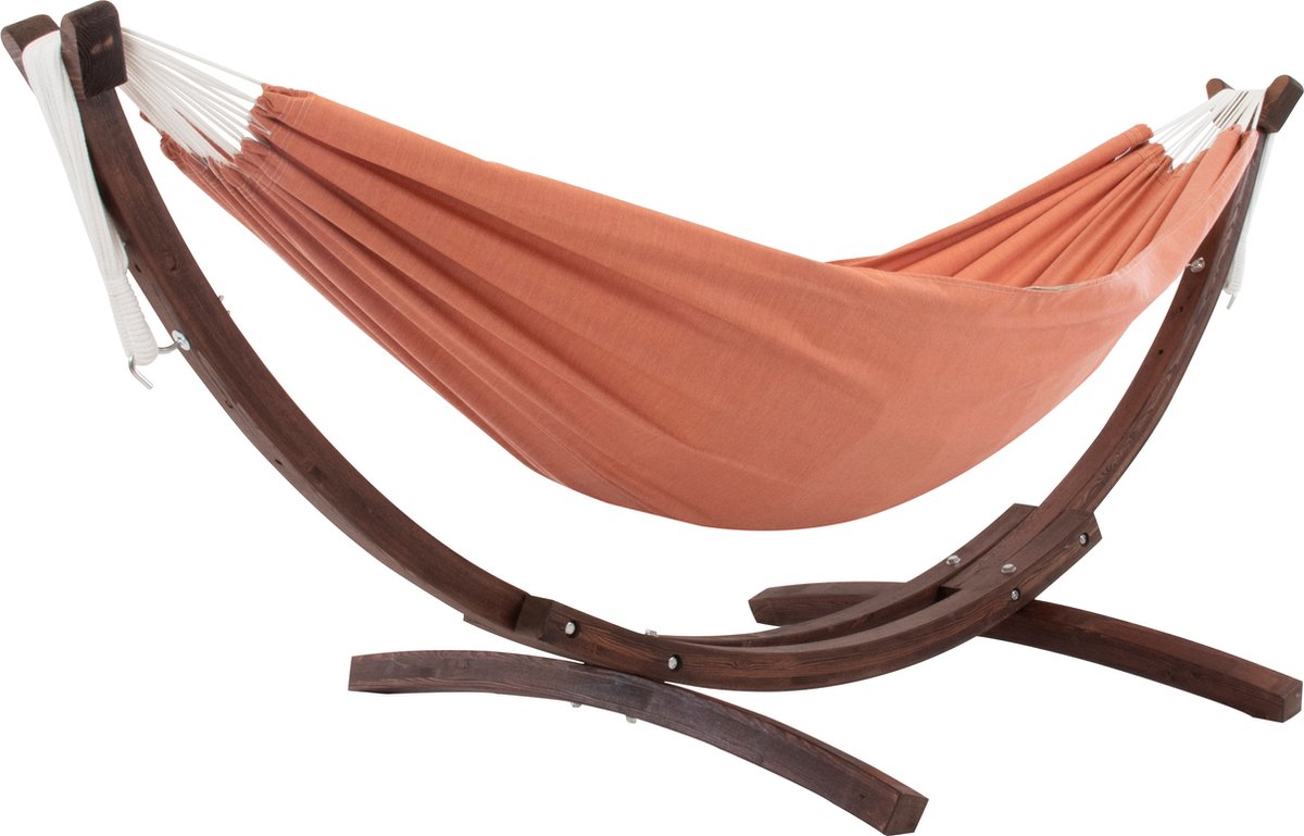 Vivere Double Sunbrelle Hangmat met Solid Pine standaard (250 CM) - Coral (0713799004516)