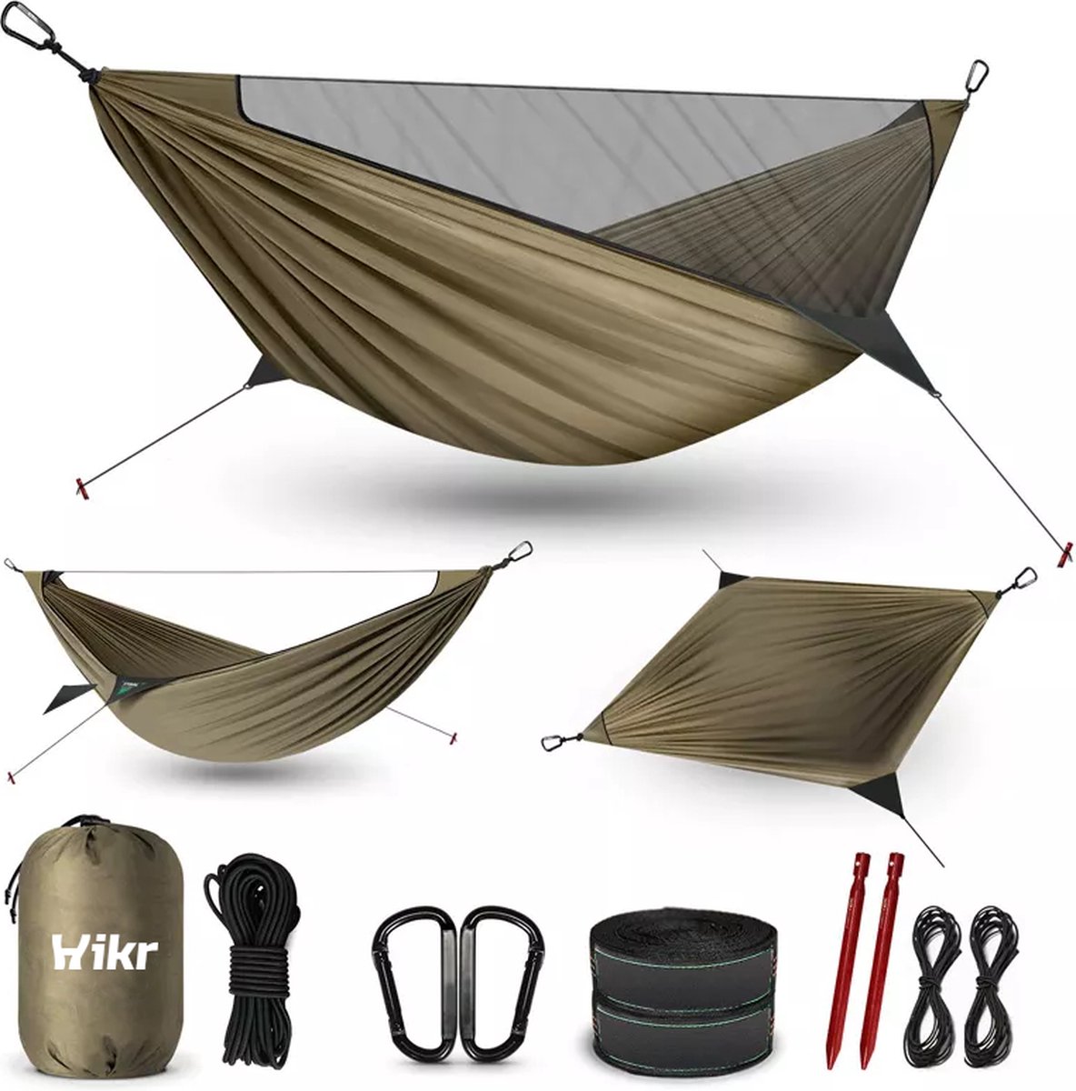 Hikr® Hangmat - 2 personen - Premium 210T Nylon - Bushcraft - Klamboe & Muggennet - 300KG reis hangmat - Survival - Outdoor - Hiking - Muskietennet - Lichtgewicht (8720872840857)