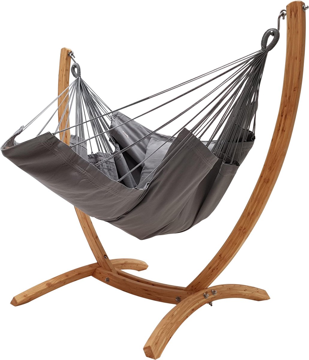 Hangstoel Lounger Olifant Grijs DeLuxe met hangstoelstandaard Arc Lariks van hout (8717202779642)