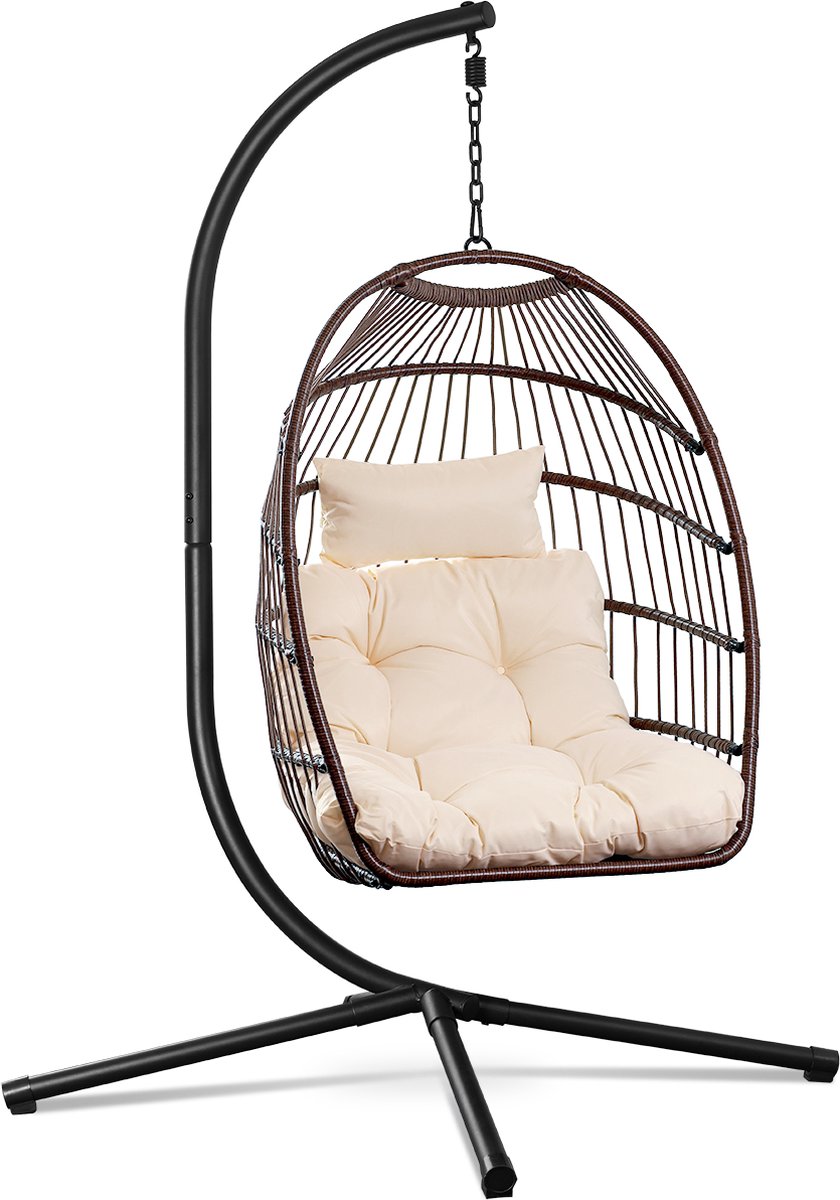 Swoods Egg Hangstoel - Hangstoel met standaard - Voor Binnen en Buiten - Incl. Kussens & Beschermhoes - Egg Chair - Cocoon - Ei Stoel - tot 150kg - Bruin/Beige (8720256511403)