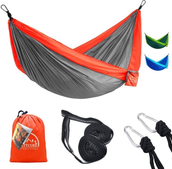 Hangmat van parachute-nylon, ultra light, with draagriem en karabijnhaak, TÜV-Rheinland-certificaat, draagvermogen tot 300 kg, tuin, irritant, camping, hangmat (grijs) (0692232088224)