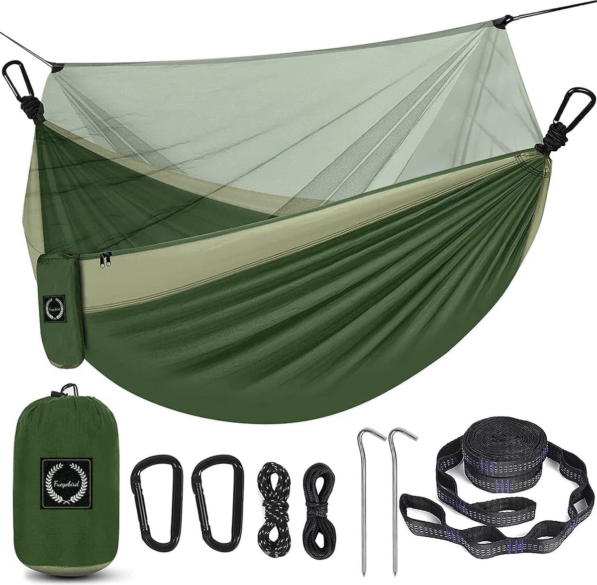 Fuegobird Hangmat Dubbele en enkele draagbare hangmat met boomtouwen, lichtgewicht nylon parachute-hangmatten Camping (8720618356628)