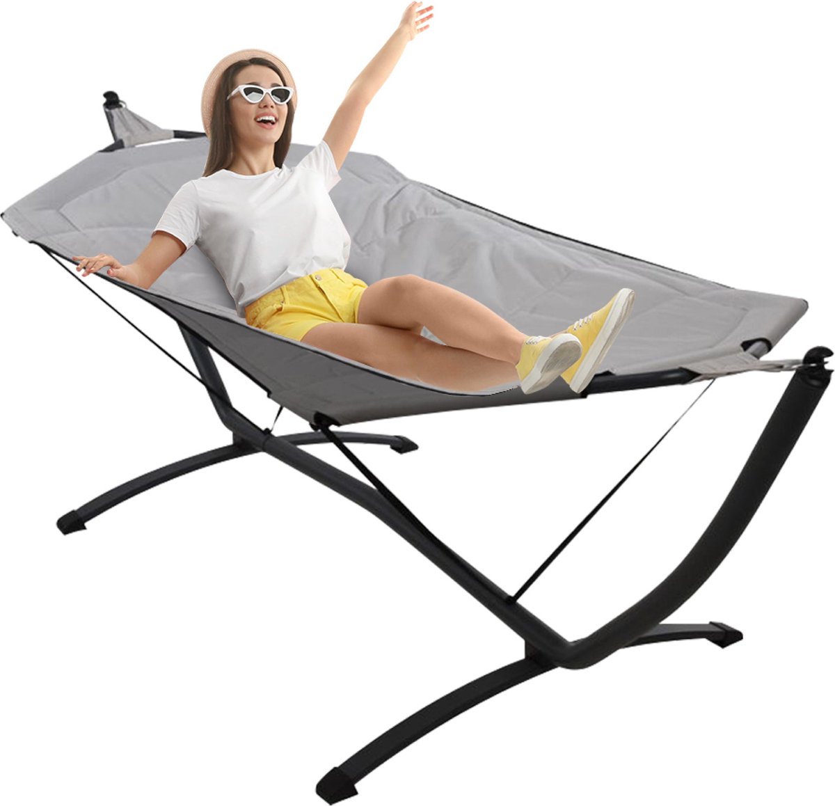 Cheqo® Luxe Hangmat met Standaard - Hammock - Extra Stevig - 260 x 98 x 90 cm - Grijze Polyester Hangmat - Metalen Frame - Draagvermogen 120 kg - Geschikt voor Binnen en Buiten - Ontspan in Stijl (8721046013596)