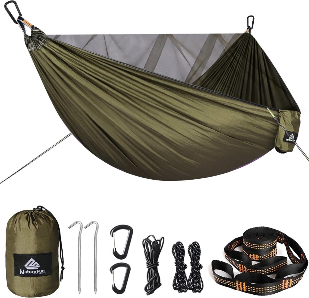 Travel Bug Net Camping Hangmat | 300kg Draagvermogen, (290 x 140 cm) Ademend, Sneldrogend Parachute Nylon | 4 x Premium Karabijnhaken, 3 x Nylon Slings, 2 guyline touwen, 2 geslepen nagels inbegrepen (7805475842598)