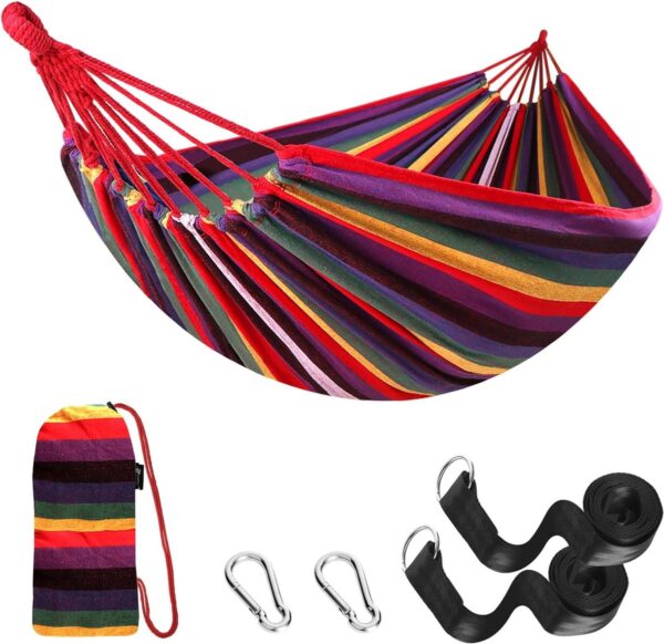 Hangmat Outdoor Katoen Comfortabele stof met boomvriendelijke riemen om op te hangen, Stevige draagbare hangmat met reistas voor tuin, binnen, balkon, terras, camping (7595980294424)