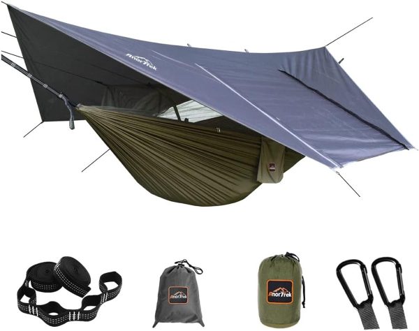 Campinghangmat met klamboe en regenvliegzeil, draagbare dubbele hangmat met twee boomriemen, 210T nylon hangmat en waterdichte regenvliegset voor wandelen (groen) (4800437372130)