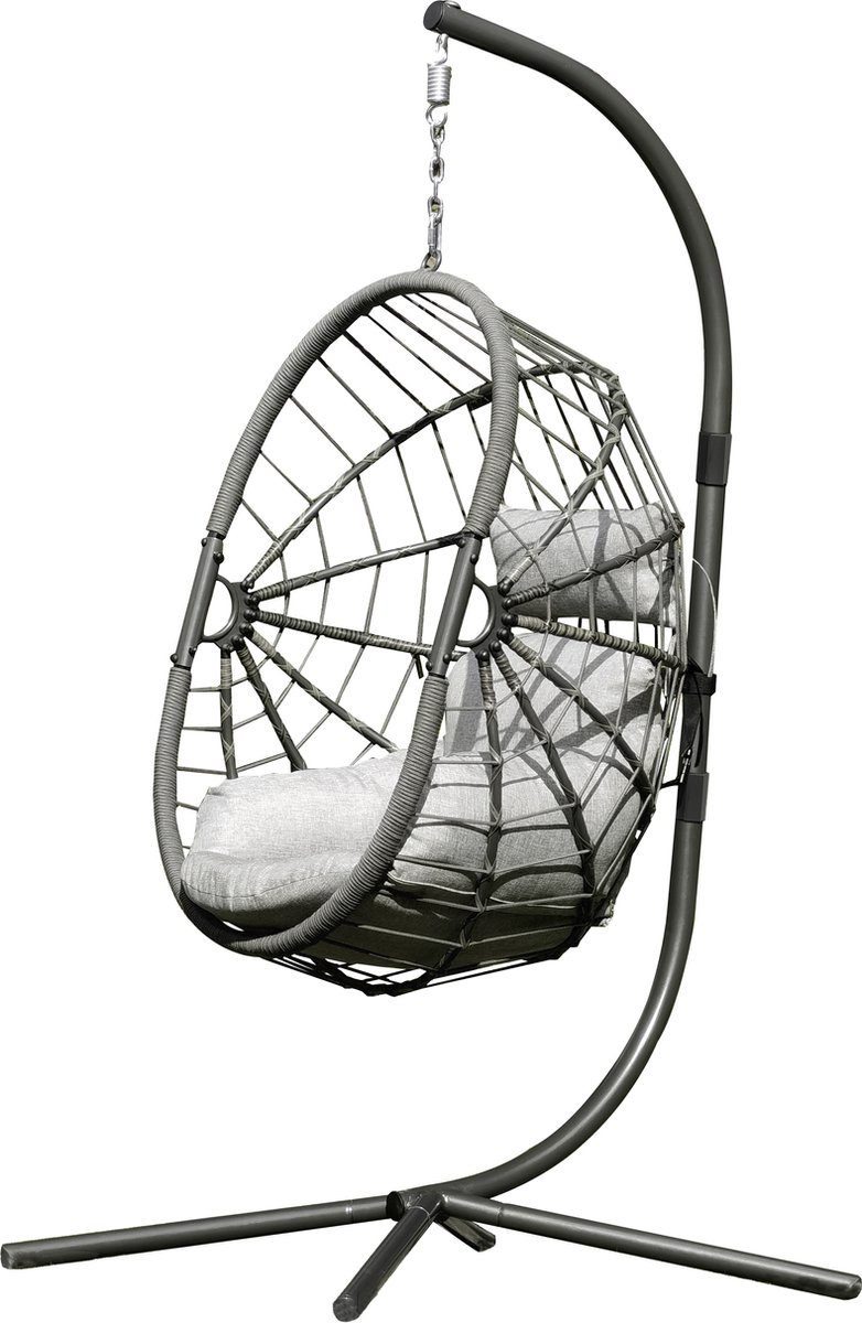 Egg Stockholm Hangstoel - Hangstoel met standaard -Grijs Wicker - Zwart Frame - Grijs kussens - Egg Chair - Voor Buiten en Binnen (8720938739323)