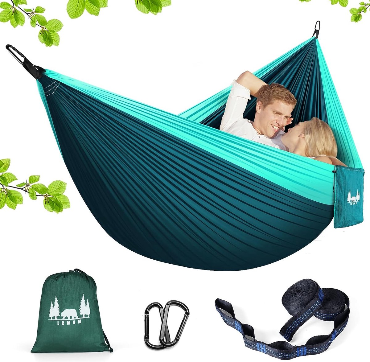 Outdoor hangmat, 300 x 200 cm, reishangmat voor 2 personen, camping hangmat parachutezijde belastbaar 300 kg met 2 nylon riemen + 2 massieve wandelgespen van staal (blauw) (7595980357884)