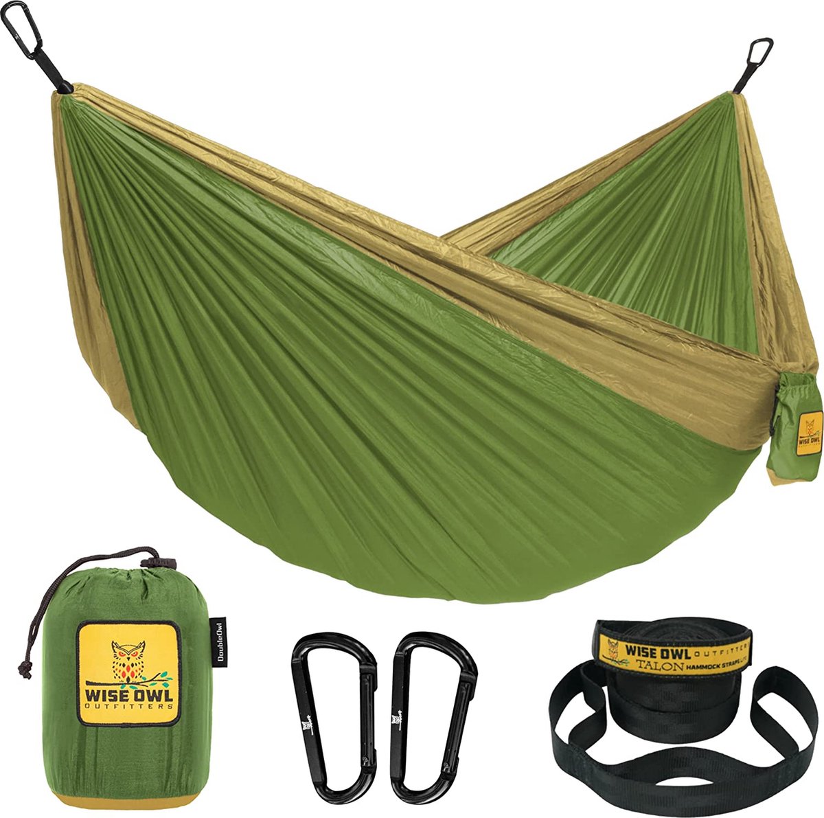 Outfitters Hangmat - Outdoor hangmat voor 2 personen - Ultralichte reishangmat - Belastbaar tot 226 kg - Camping Accessoires - Incl. ophanging en karabijnhaak (groen en kaki) (0636134973394)