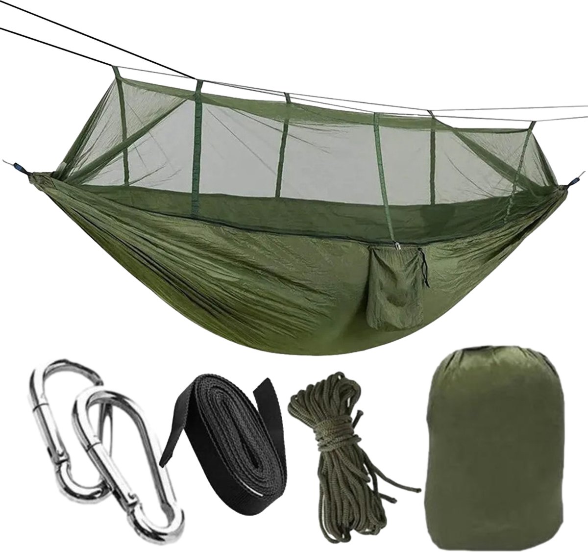 HSXL Lichtgewicht Outdoor Hangmat met Muggennet en Accessoires - 260x140cm - Groen - Survival Hangmat met Klamboe (8720634950657)