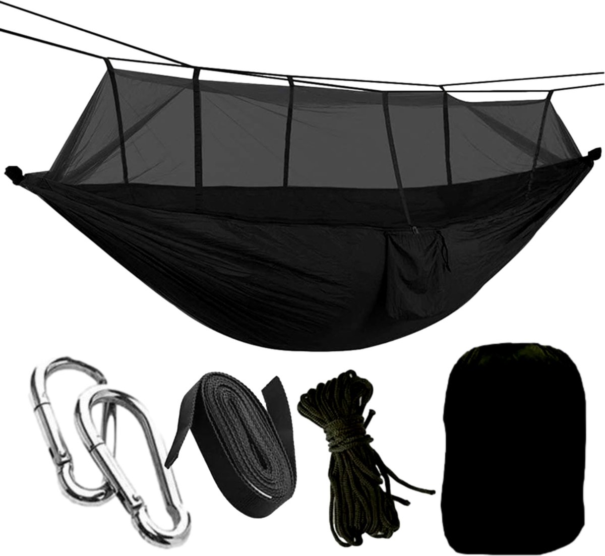 HSXL Lichtgewicht Outdoor Hangmat met Muggennet en Accessoires - 260x140cm - Zwart- Survival Hangmat met Klamboe (8720634950664)