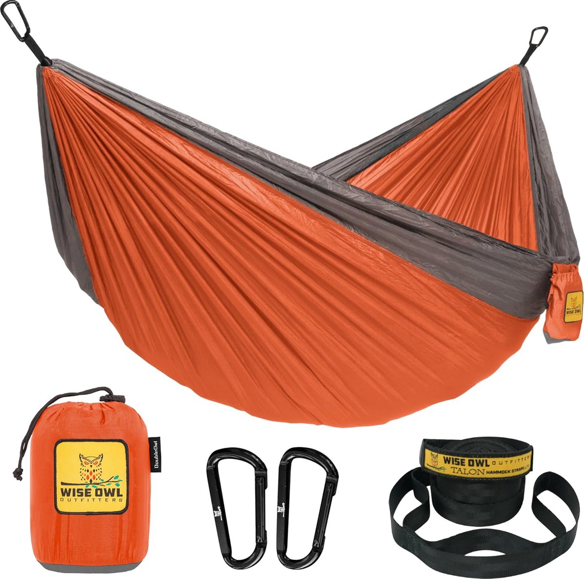 Hangmat, outdoor hangmat voor 1 persoon, ultralichte reishangmat, belastbaar tot 180 kg, campingaccessoires, incl. ophanging en karabijnhaak, oranje en grijs (4800325972930)