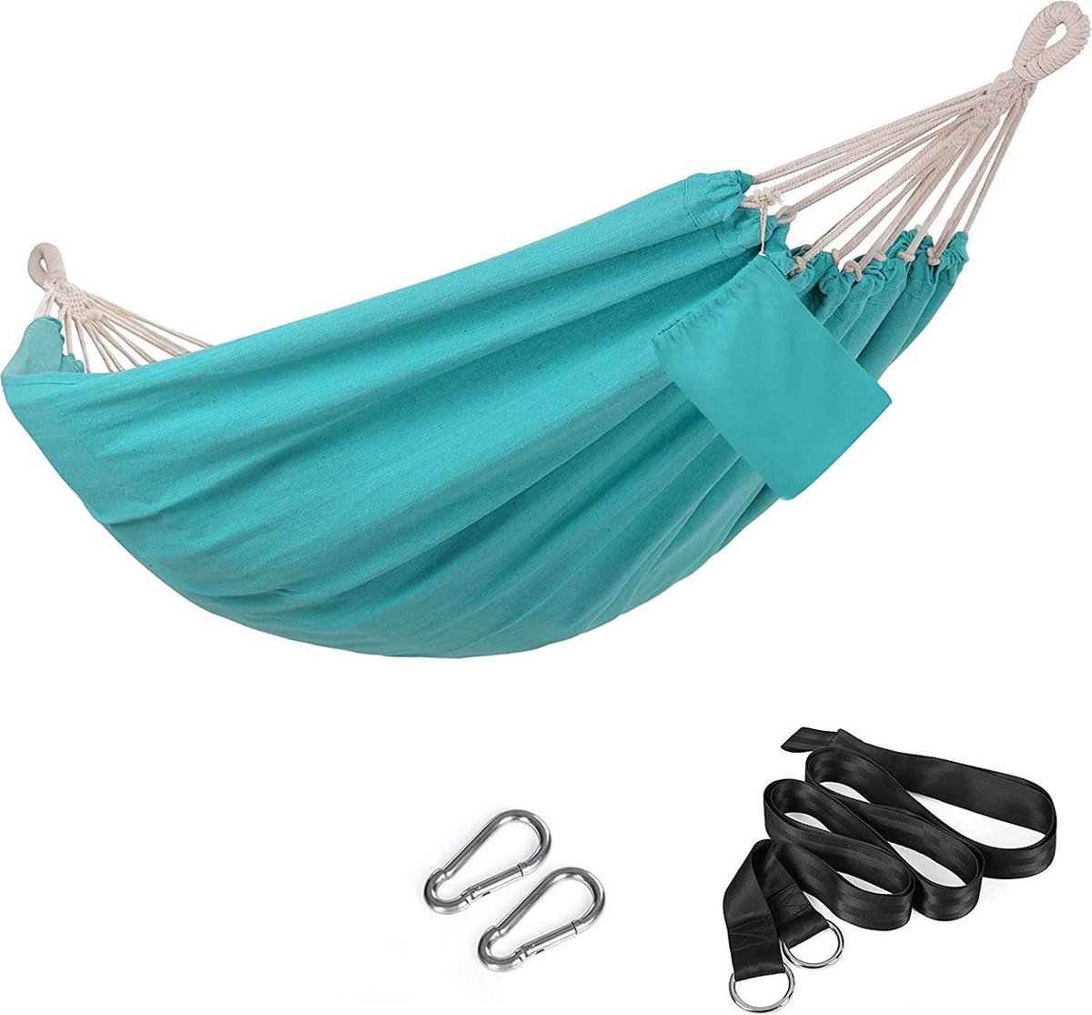 Nancy's Fort Rock Hangmat - 2 Personen - Outdoor - Transporttas - Bevestigingsriemen - Karabijnhaak - Lichtblauw - Katoen - Polyester - Turquoise - 210 x 150 cm (6091020948988)