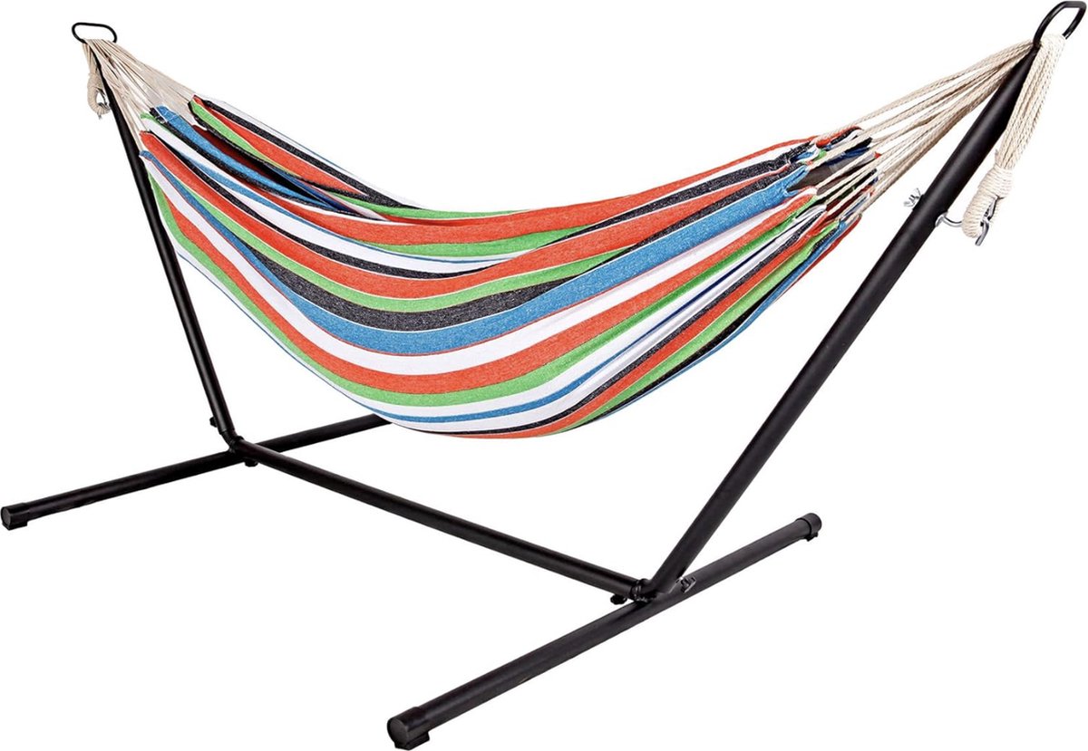 Outdoor dubbele hangmat met frame - 285x120x110 cm - staafhangmat voor 2 personen - tot 150 kg belastbaar (Vibrant Striped) (4260625747698)