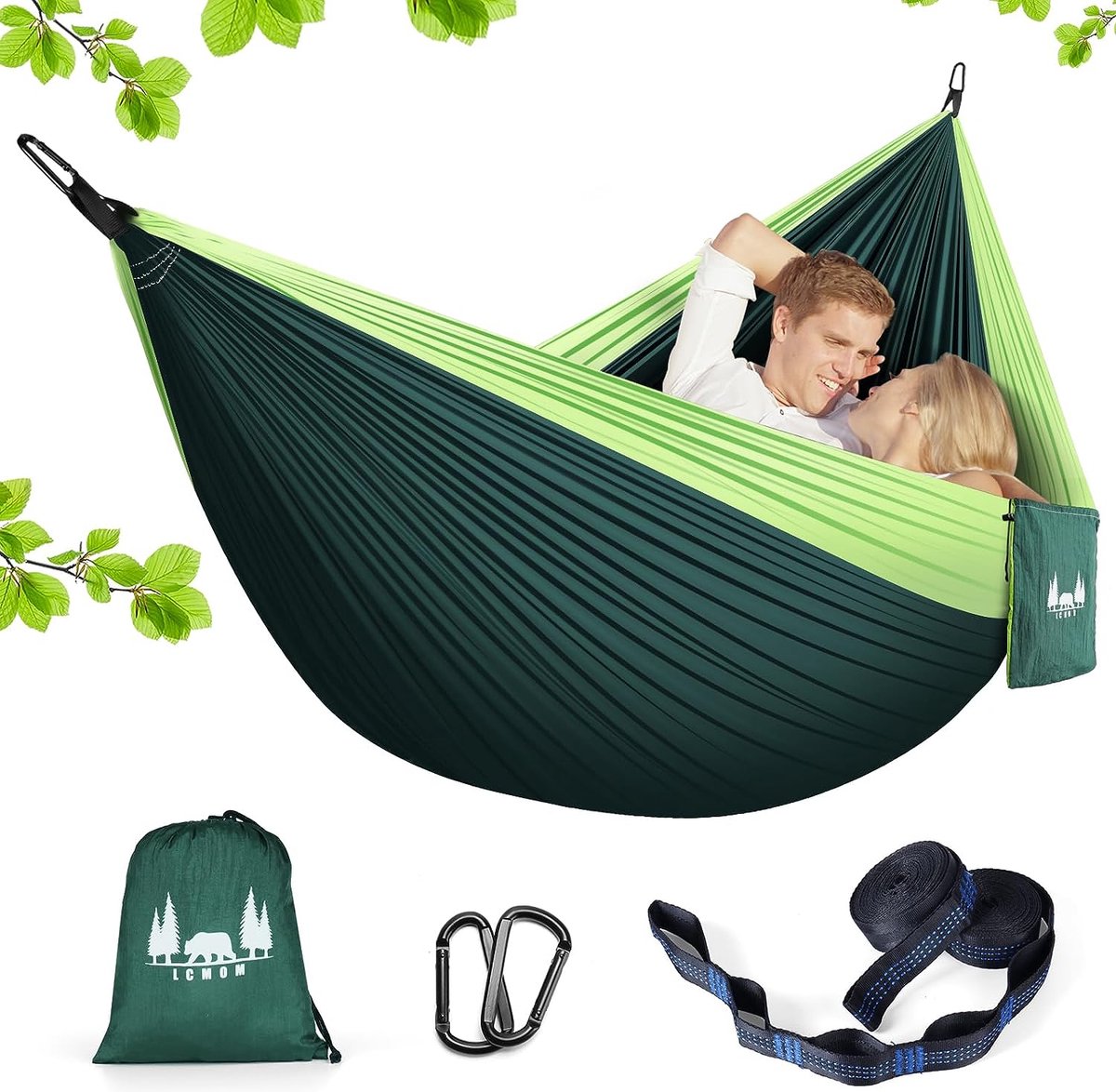 Outdoor hangmat, 300 x 200 cm, reishangmat voor 2 personen, camping hangmat parachutezijde belastbaar 300 kg met 2 nylon riemen + 2 massieve wandelgespen van staal (groen) (7595980357877)