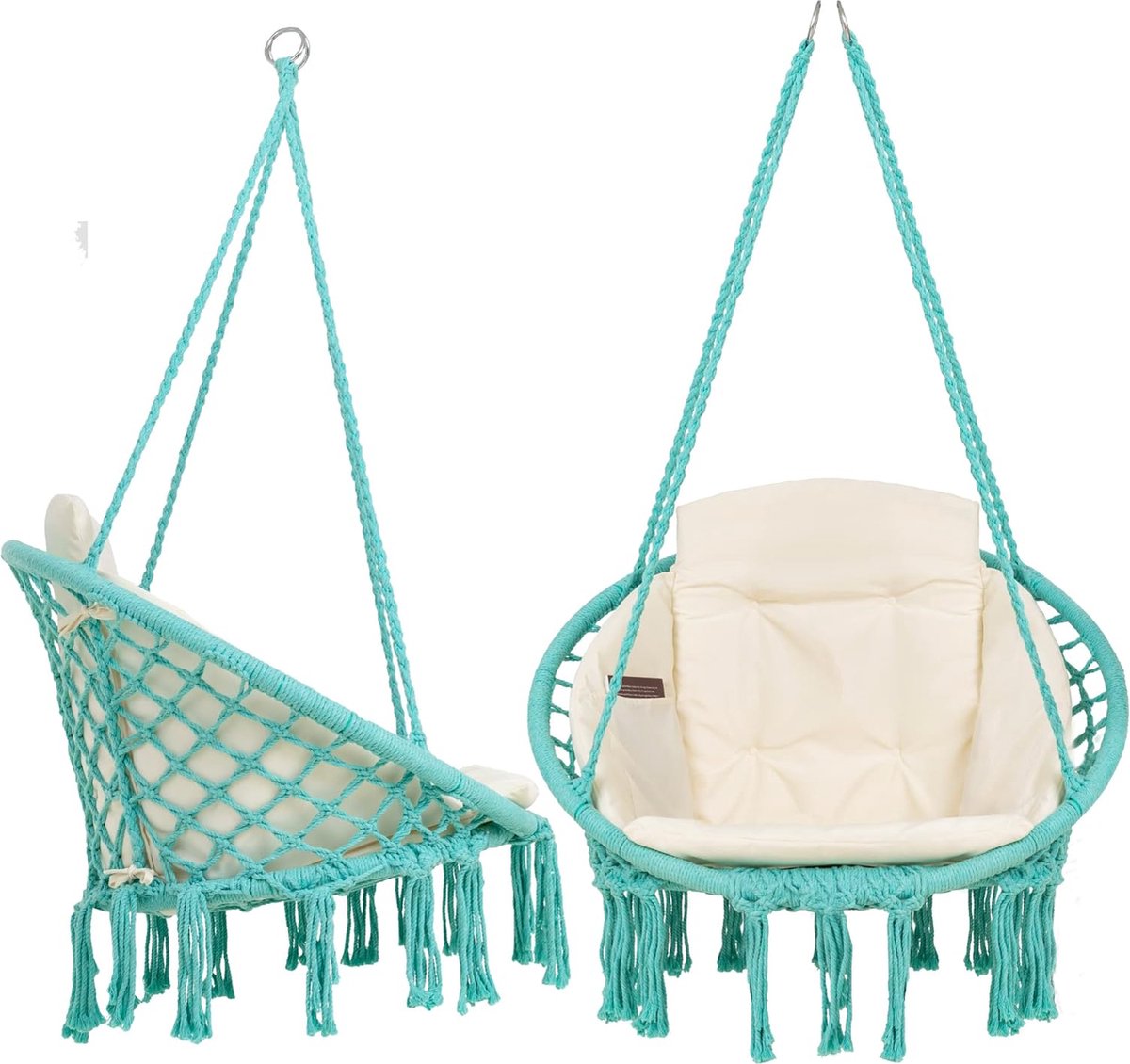 Macramé hangstoel voor binnen, comfortabele boho-hangstoel voor tuin en balkon, hangschommel met zacht kussen, hangstoel, outdoor, met weerbestendige afdekking, turquoise (4800325479330)