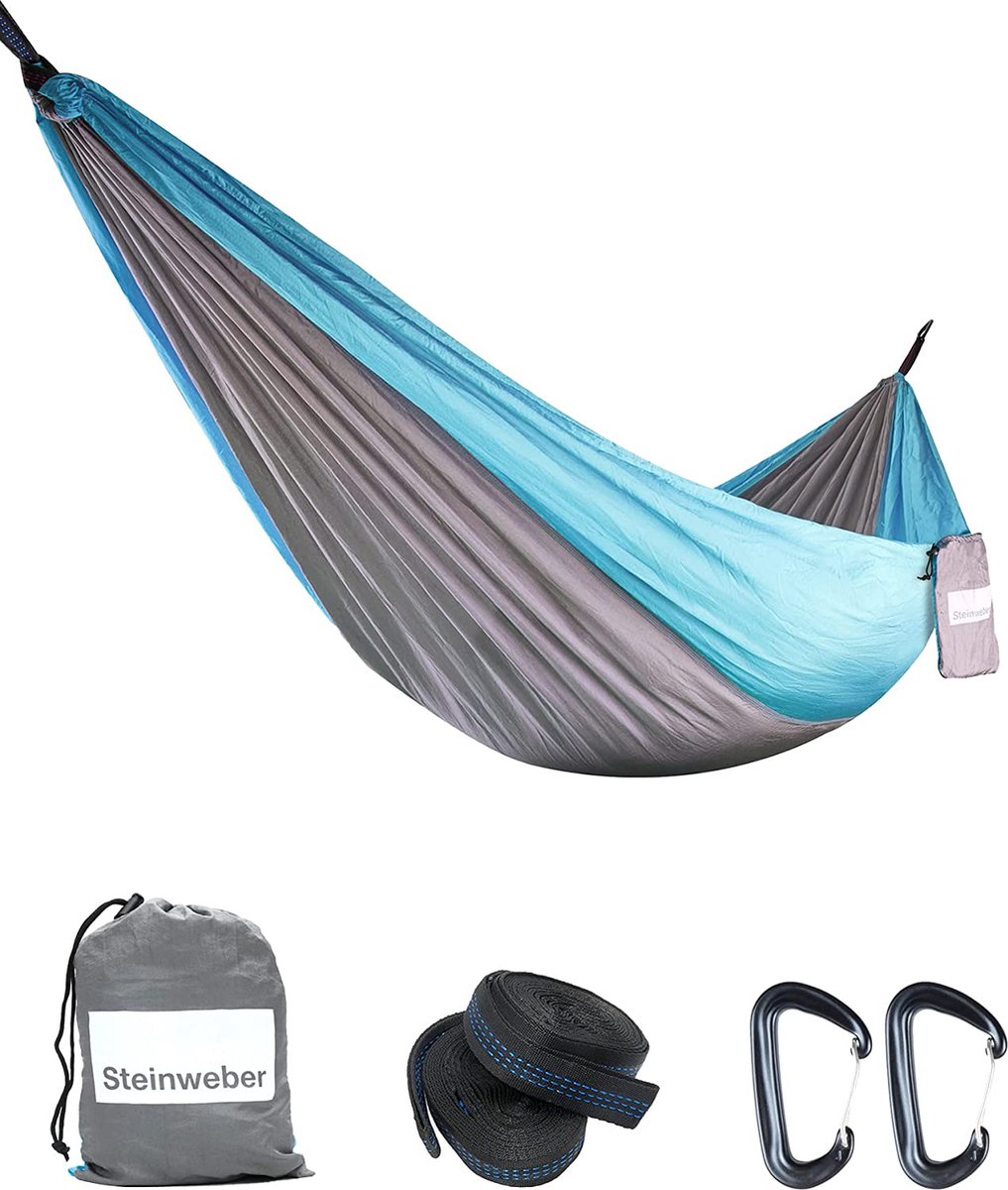 Outdoor hangmat met ophanging en karabijnhaak | 2 personen XXL 285 x 160 cm | max. 250 kg | Blauw/Zwart (8719326274188)