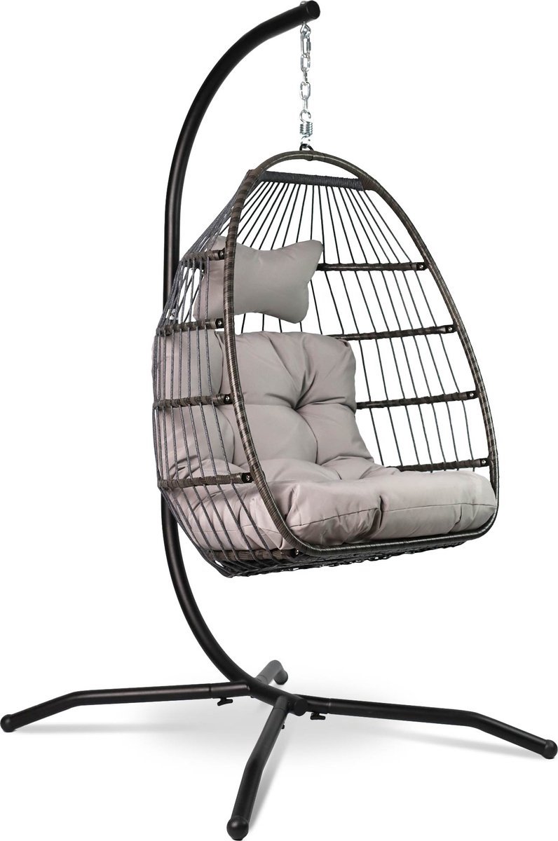 Vita5 Egg Hangstoel - Met Standaard - Binnen en Buiten - Cocoon Stoel - Opvouwbaar - Tot 150kg - Incl. Kussen - Lichtgrijs (8718734621379)