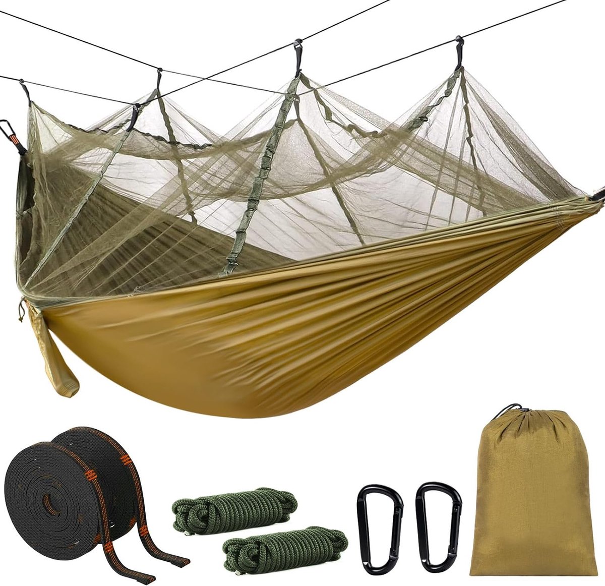 klamboe-hangmat, dubbele reis-campinghangmat, 300 x 200 cm, sneldrogend, ademend, ripstop, outdoor hangmat van nylon, parachute voor camping, trekking, tuin, legergroen (4801288583409)