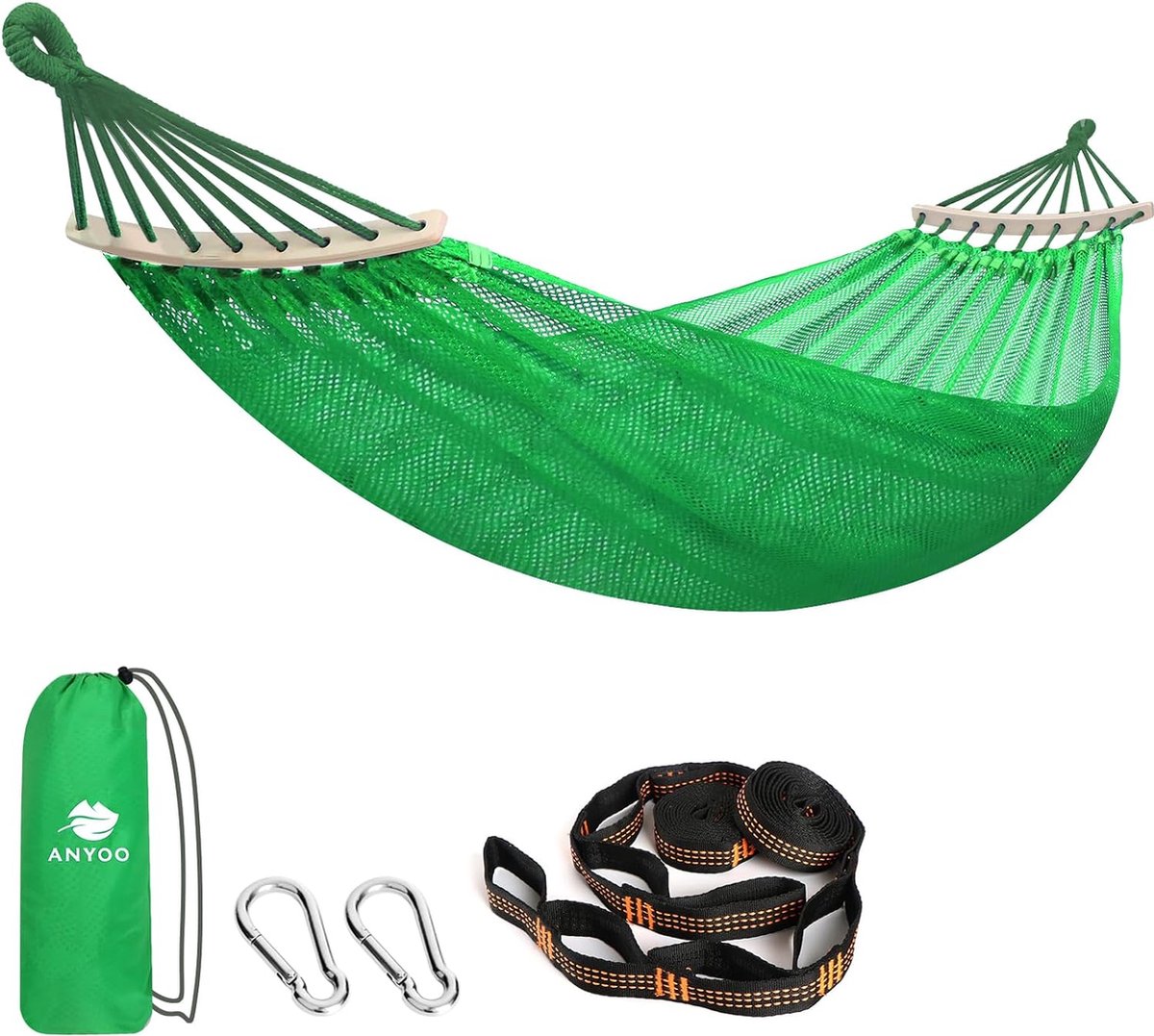 Hangmat net met spreidstangen, ademend koelnet, staafhangmat met boomriemen voor outdoor/binnen, tuin, balkon, patio, achtertuin, camping (4801288651658)