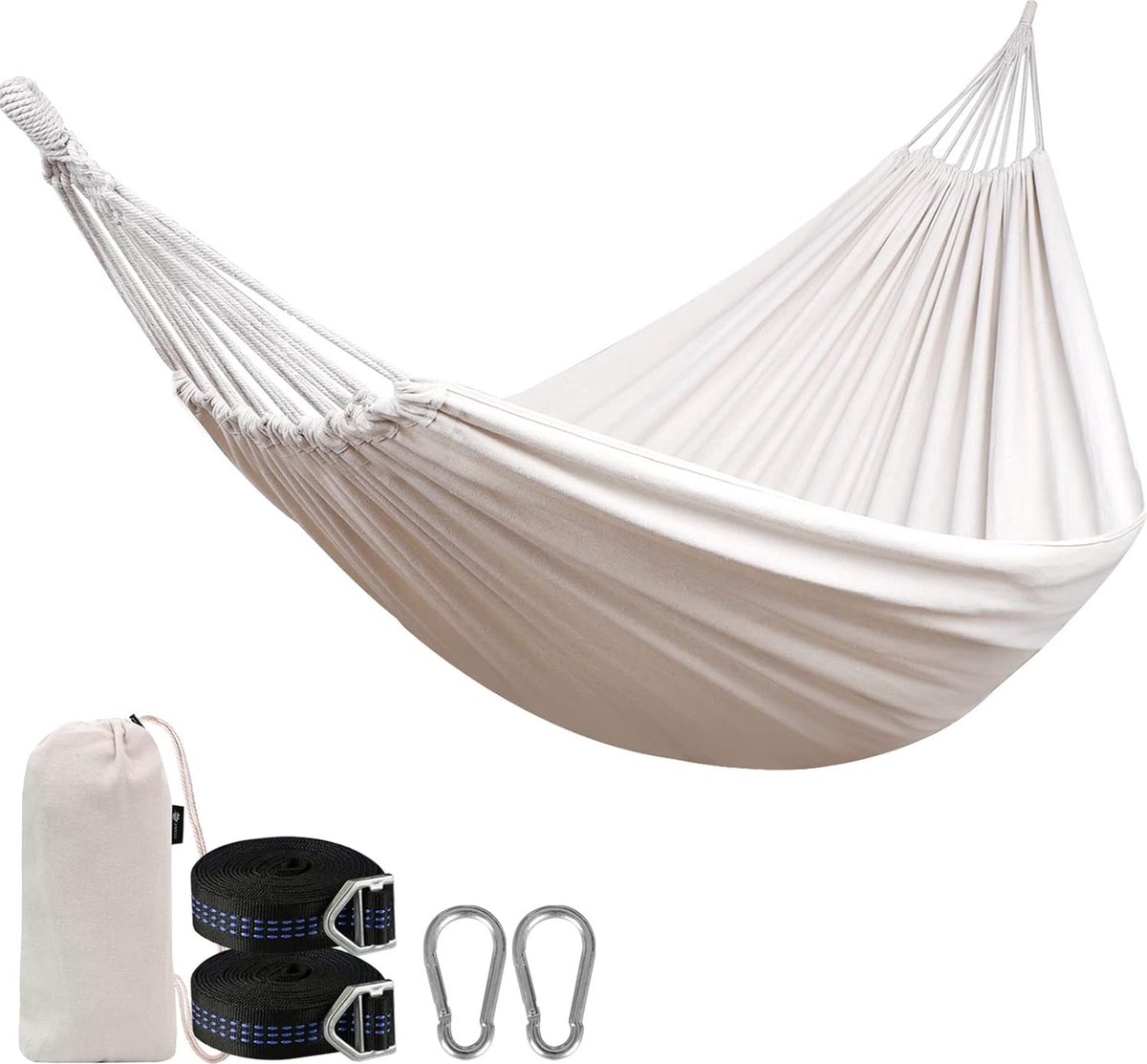 Hangmat outdoor katoen grote camping hangmat met gratis verstelbare riemen accessoires, draagbare hangmatten met draagtas voor tuin, terras, erf (4801288659241)