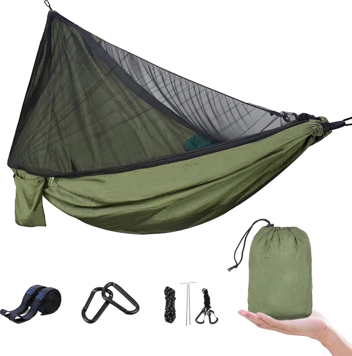 Hangmat, outdoor, met muggennet, draagvermogen 150 kg, ademend, ultralicht, parachutenylon, campinghangmat (6221148311900)