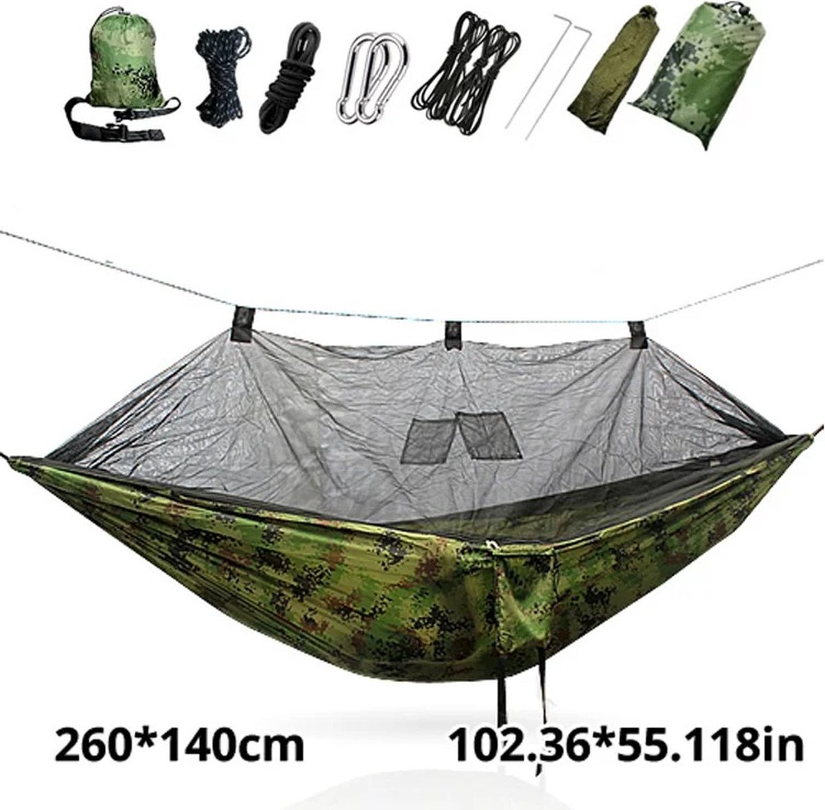 Easy - Set - Up - Klamboe - Hangmat - Dubbele - Hamak 290*140Cm - Met Wind Touw - Nagels - Muskieten Net Hangmat - Draagbare - Voor camping - Travel - Yard - Camouflage - Leger groen (6151236193180)