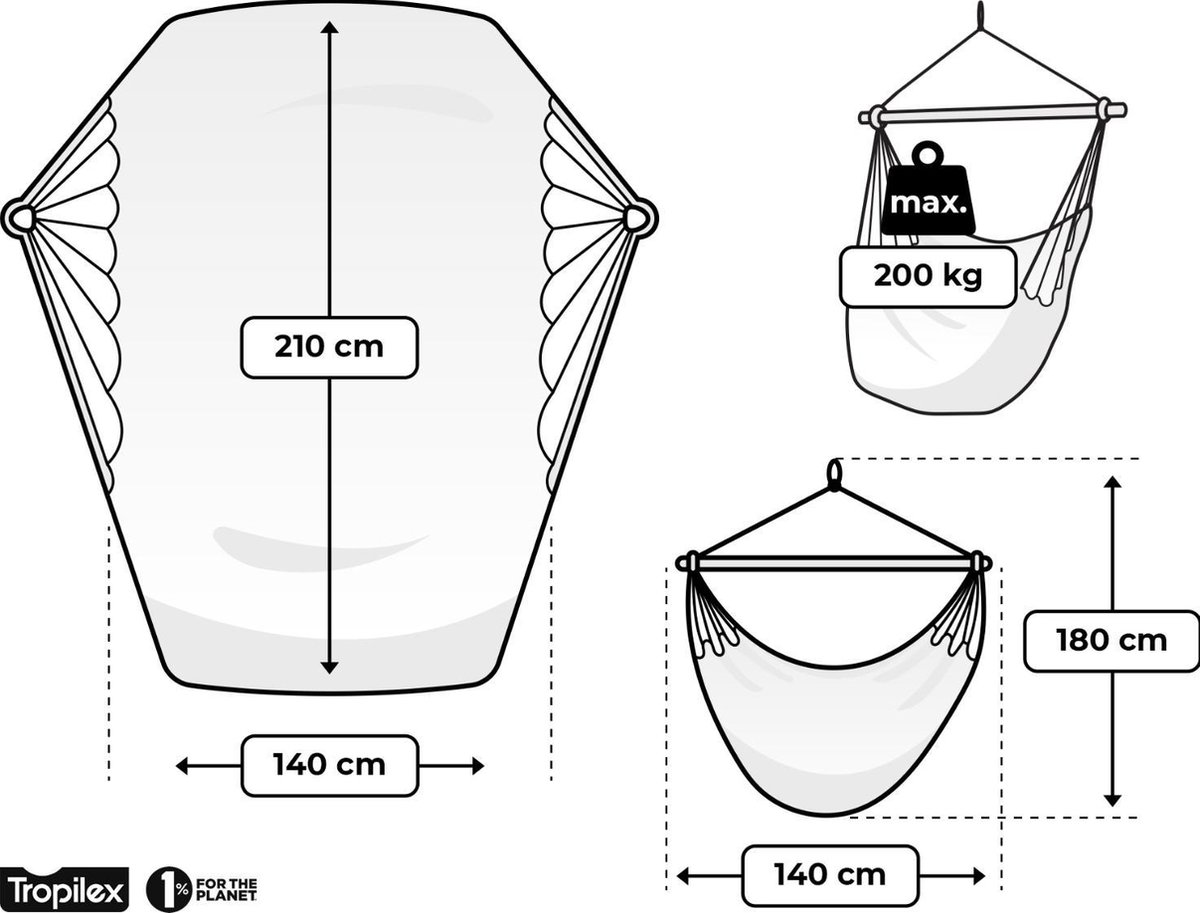 Hangstoel Tweepersoons 'DeLuxe' White (Wit / Ecru) | Bijpasende opbergtas | 200 KG | Handgemaakt in Colombia | 1% For The Planet | Tropilex (8719925910975)