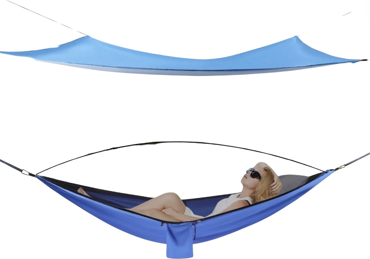 VORLOU - Hangmat met ophang net - Hangmat incl. muggennet - Camping - Tuin - Rugzak reizen - Survival - Blauw (6150617810869)