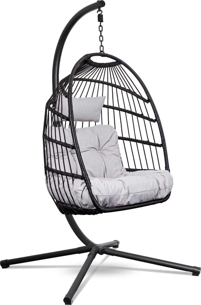 Swoods Egg Hangstoel - Hangstoel met standaard - Egg Chair - tot 150kg - Inclusief Beschermhoes - Zwart/Lichtgrijs (8720256511397)