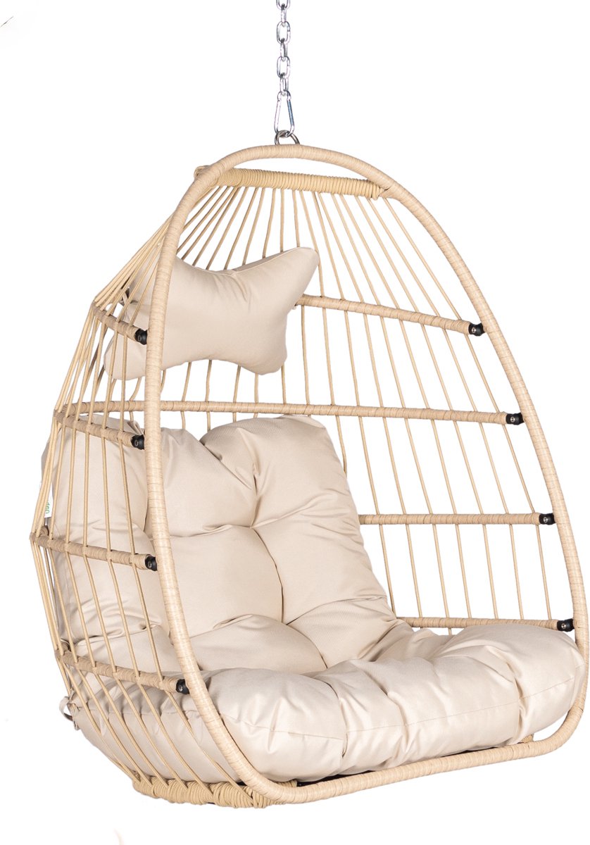 Basket Hangstoel Symphony - Creme Wicker - Creme Touw - Creme Kussen- Opvouwbaar - Voor Binnen en Buiten (8720938739422)