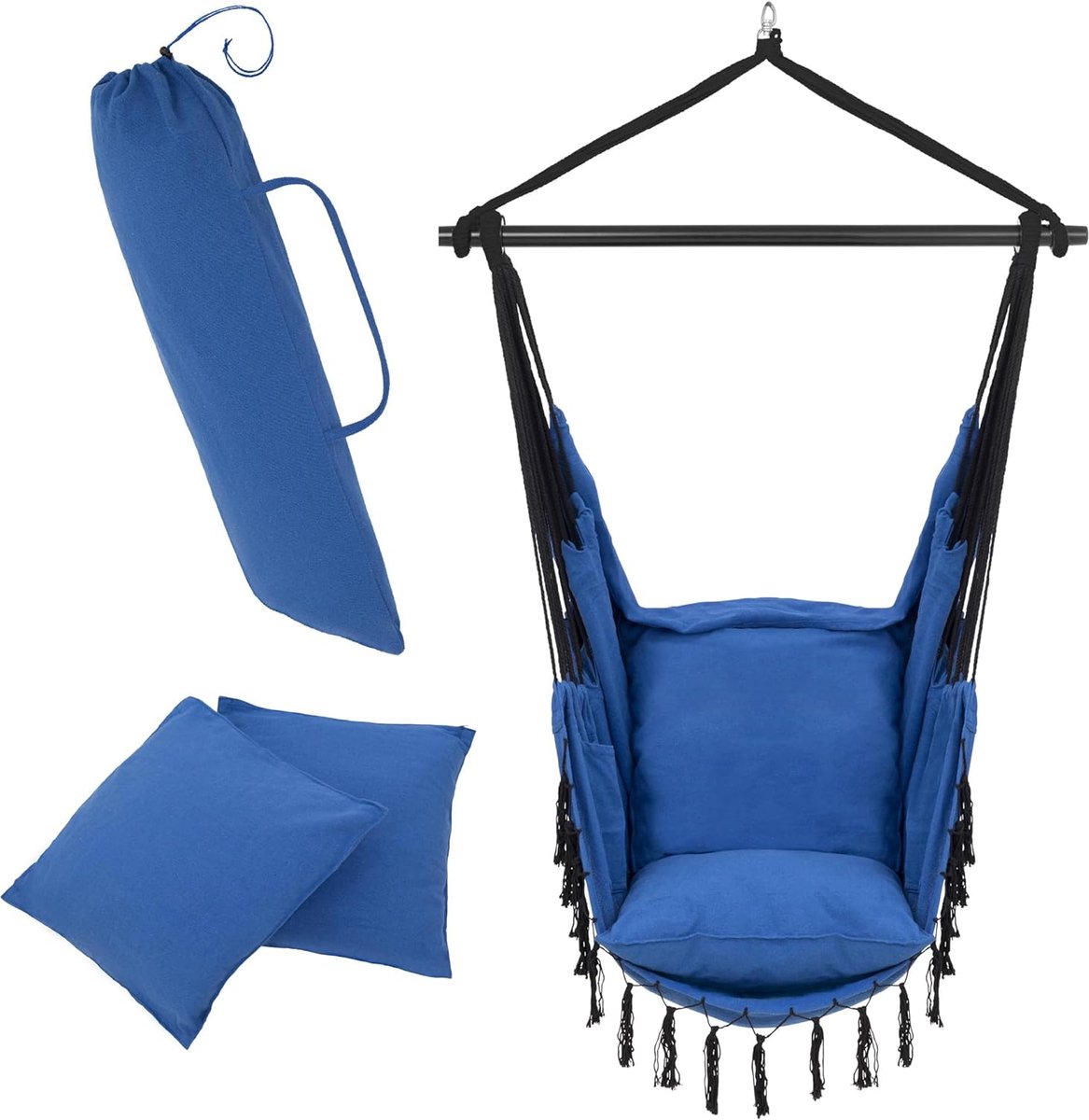 Hangstoel voor buiten, stabiel en veilig, stijlvolle hangstoel voor binnen, gemakkelijk te installeren, comfortabele Boho-stijl, belastbaar tot 200 kg, blauw (6151017497407)