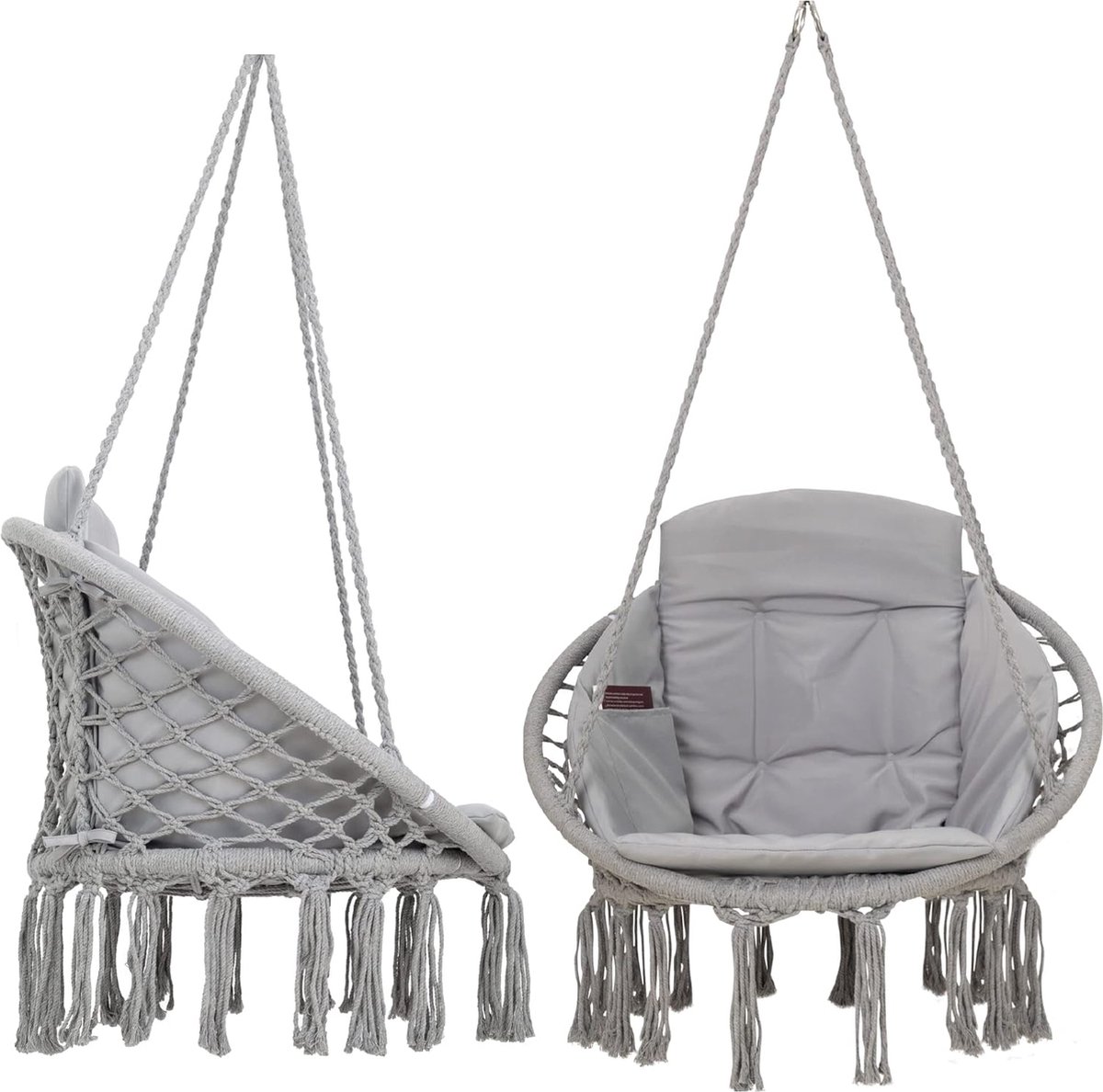 Macramé hangstoel voor binnen, comfortabele boho-hangstoel voor tuin en balkon, hangschommel met zacht kussen, hangstoel, outdoor, met weerbestendige afdekking, grijs (4800437252395)