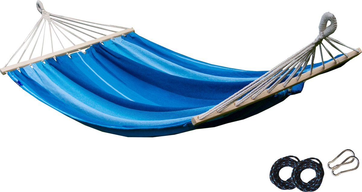 Potenza® Hangmat met SPREIDSTOK incl. bevestigingsset - 2 persoons - EXTRA STEVIG - UV bestendig - Blauw - Acadia XL (8719925044557)