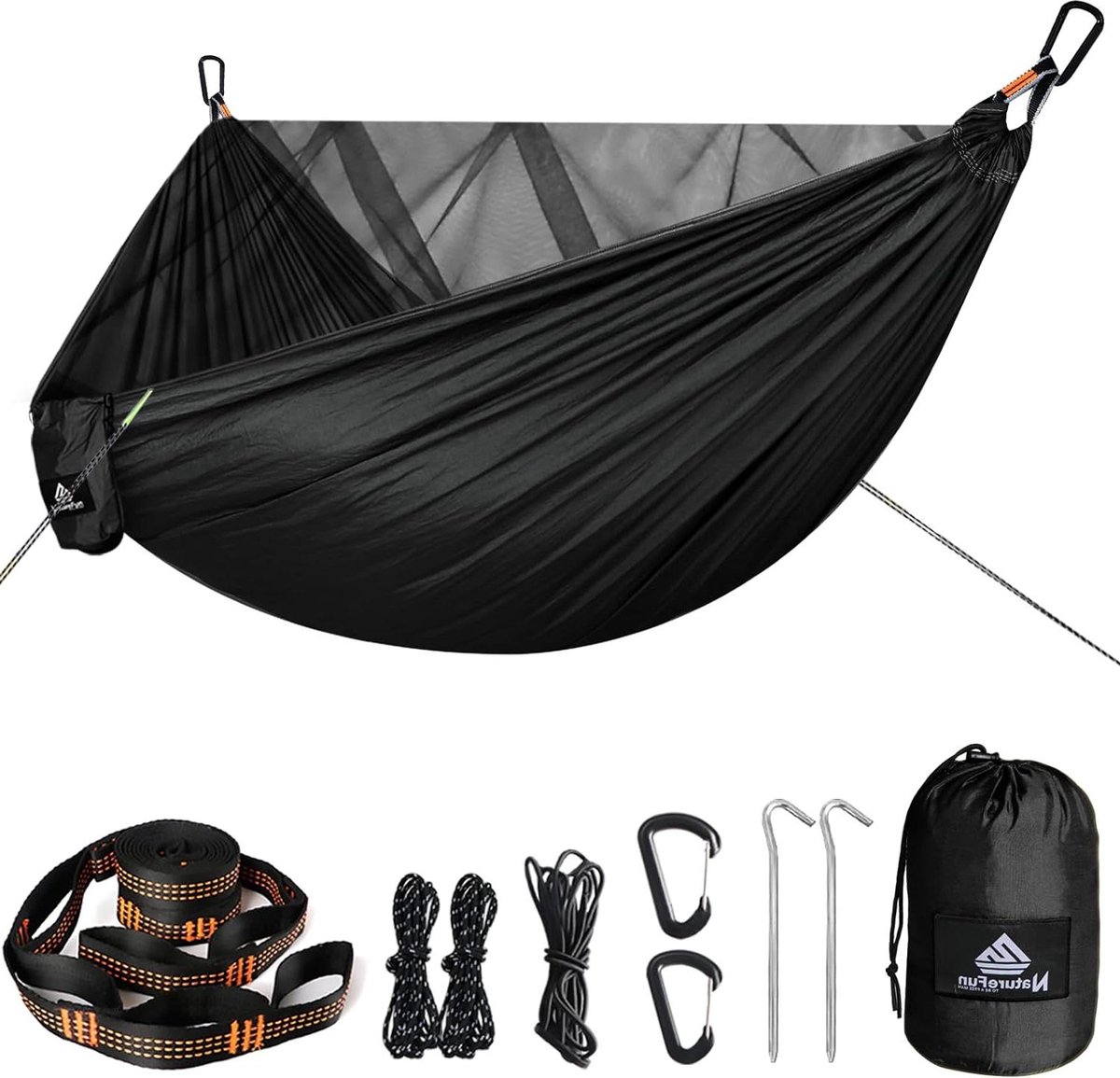 Reisinsectennet camping hangmat - 300 kg draagvermogen - ademend sneldrogend parachute nylon - 4 x premium karabijnhaken - 3 x nylon slings - 2 scheerlijntouwen - 2 grondnagels (6151007757788)