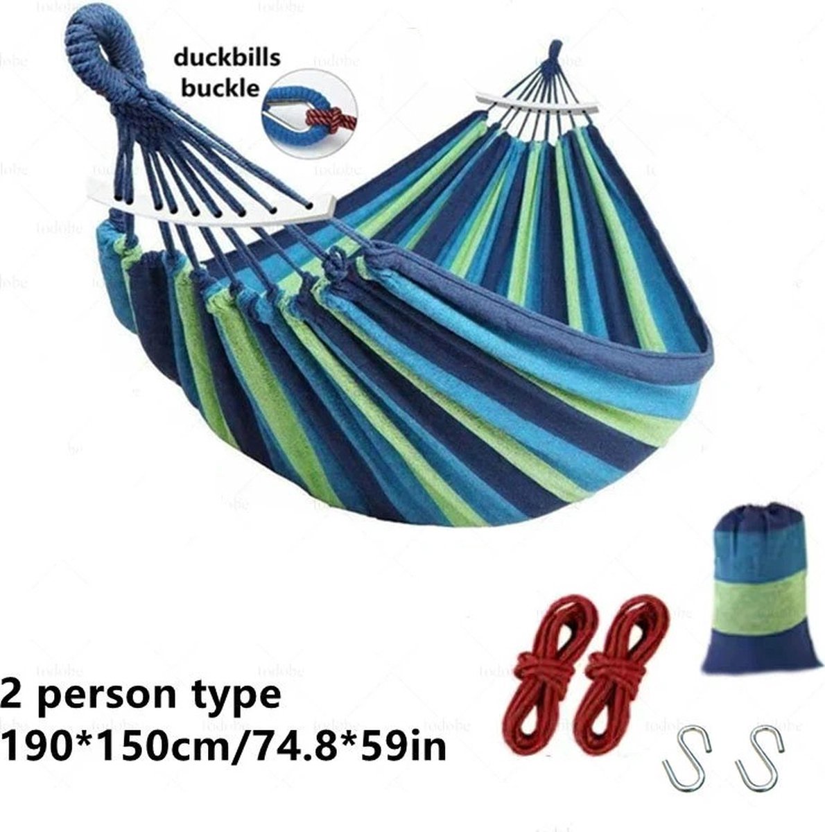 UnityMarketplace® - Tweepersoons Hangmat - Draagbare Ophangbed - Hangstoel - Camping Hammock - 185x150cm - Blauw (9501717552482)