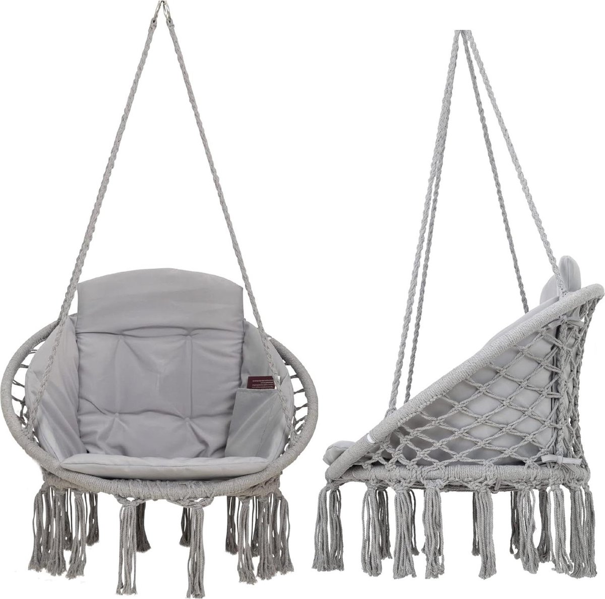 Hangstoel cocoon Macramé - Voor binnen en buiten - Zonder standaard - Inclusief kussen en beschermhoes - Draagvermogen 150kg - Grijs hangstoel cocoon (6150832738757)