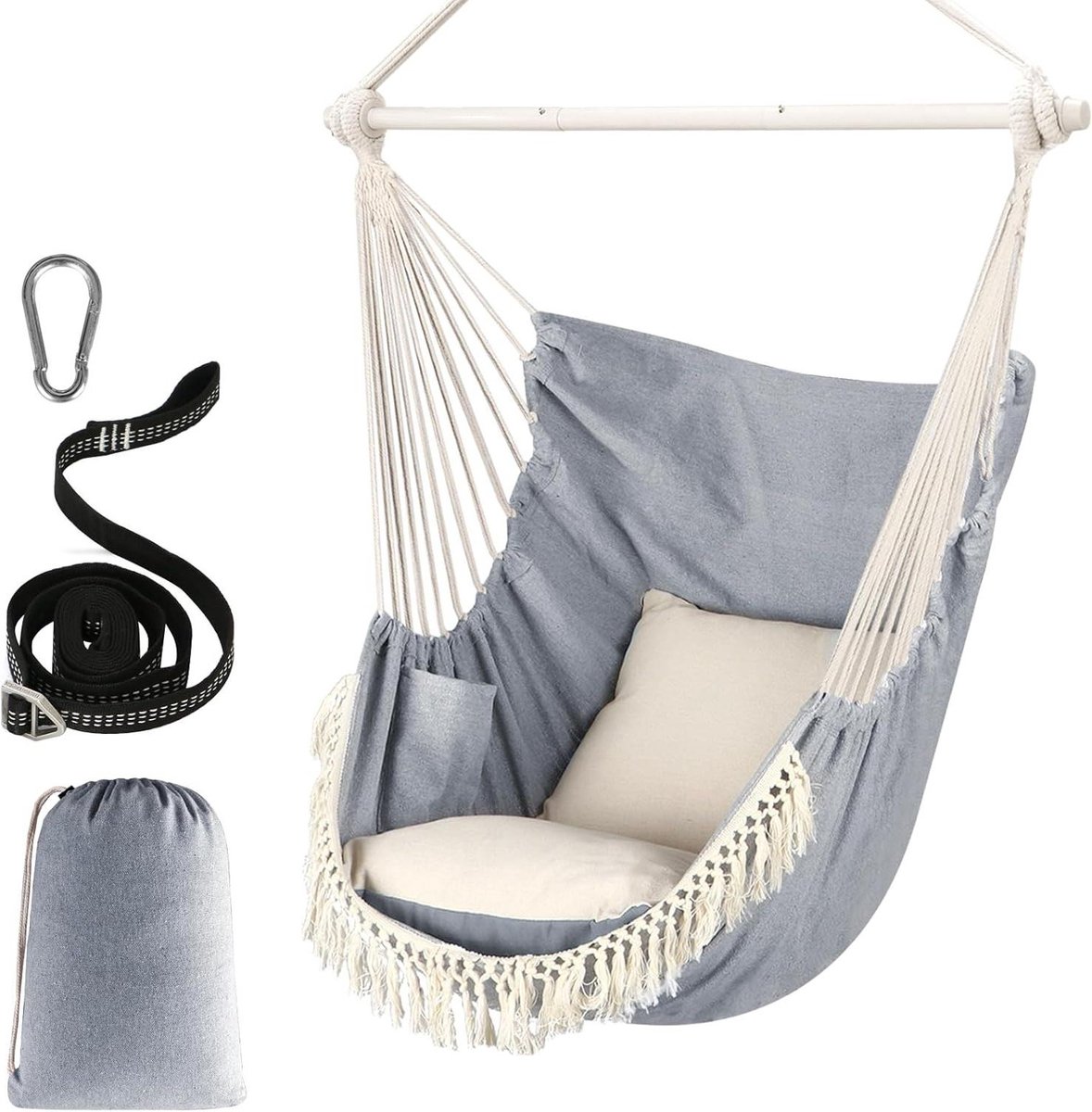 Hangstoel cocoon Opknoping Swing Max 500LB - 2 Kussens Inbegrepen - Stalen Spreider Bar - Anti-Slip Groeven - Draagbare Hangstoel - Zijzak - Grote Macrame Boheemse Stoel - Indoor Outdoor hangstoel cocoon (6150832734780)