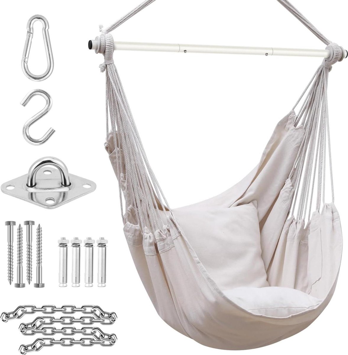 Hangstoel cocoon XL draagbare hangstoel met hardwarekit en 2 kussens- Afneembare metalen steunstang- Zijvak voor binnen en buiten- Hangstoel voor patio, slaapkamers, tienermeisjes kamerdecoratie. hangstoel cocoon (6150832747780)