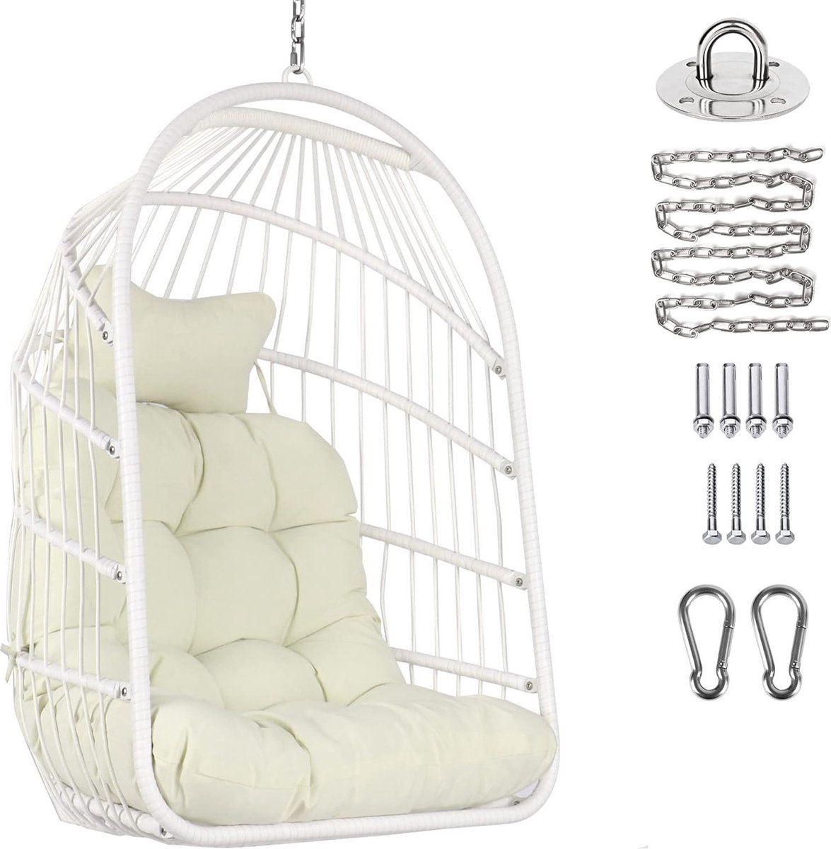 Hangstoel cocoon opvouwbare mand rotan - luxe hangstoel met ophangset - UV-bestendig kussen voor slaapkamer en balkon hangstoel cocoon (6150832745786)