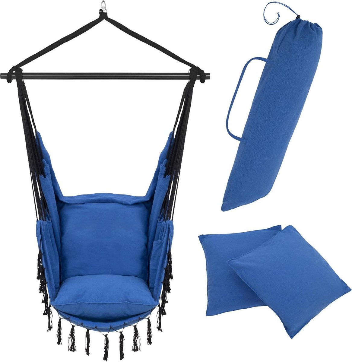 Hangstoel cocoon voor buiten - stabiel en veilig - stijlvolle hangstoel voor binnen - gemakkelijk te installeren - comfortabele Boho-stijl - belastbaar tot 200 kg - blauw hangstoel cocoon (6150832737729)