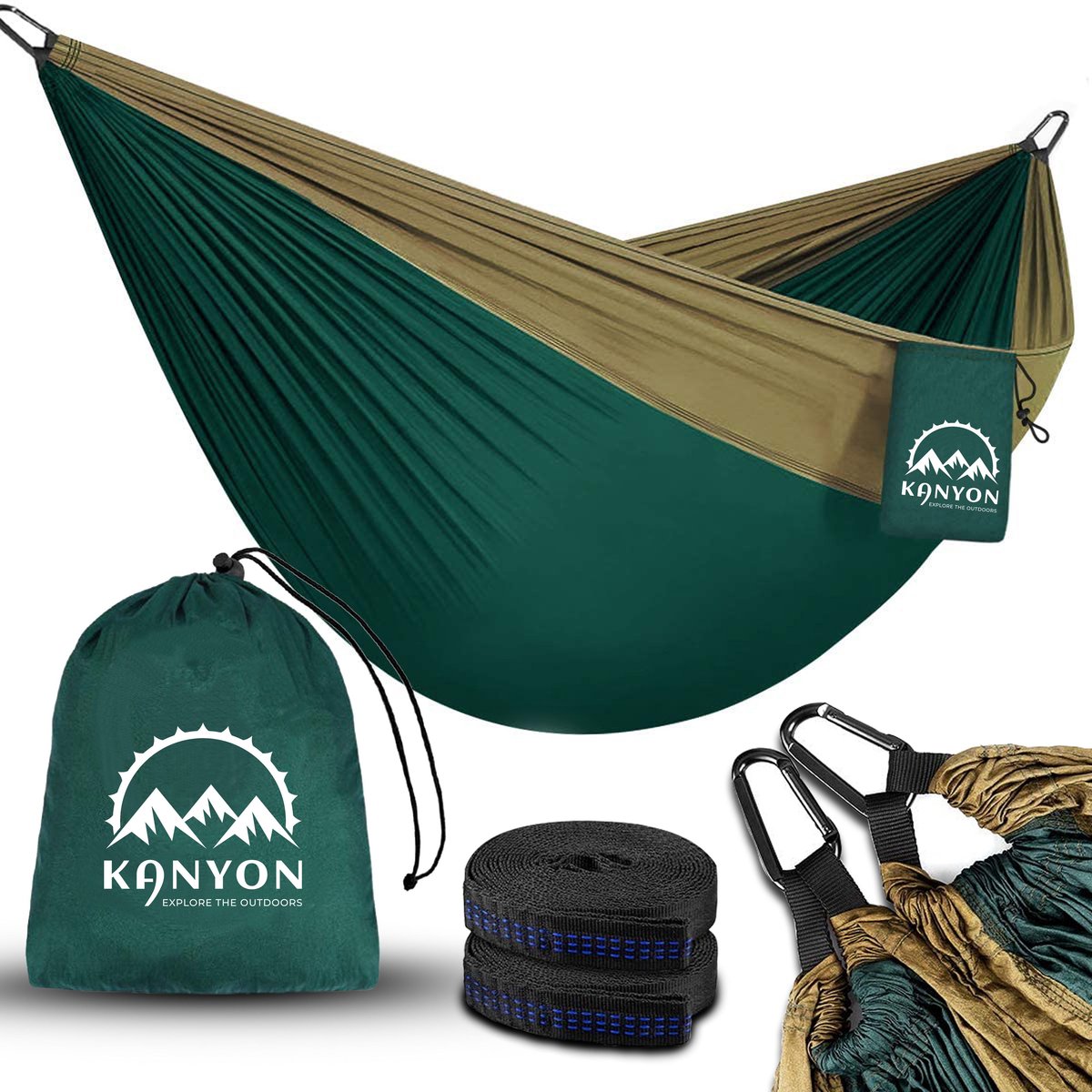 Kanyon Hangmat - incl. Karabijnhaken en Riemen - licht parachutestof - 260 x 140 cm - tot 200kg - Groen/Khaki (8720256357704)