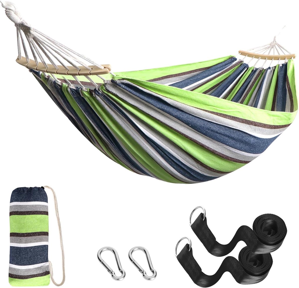 Katoenen hangmat met houten stang, staafhangmat met riemaccessoires, draagtas voor balkon, terras, tuin, park, camping, strand, boom (4801288860678)