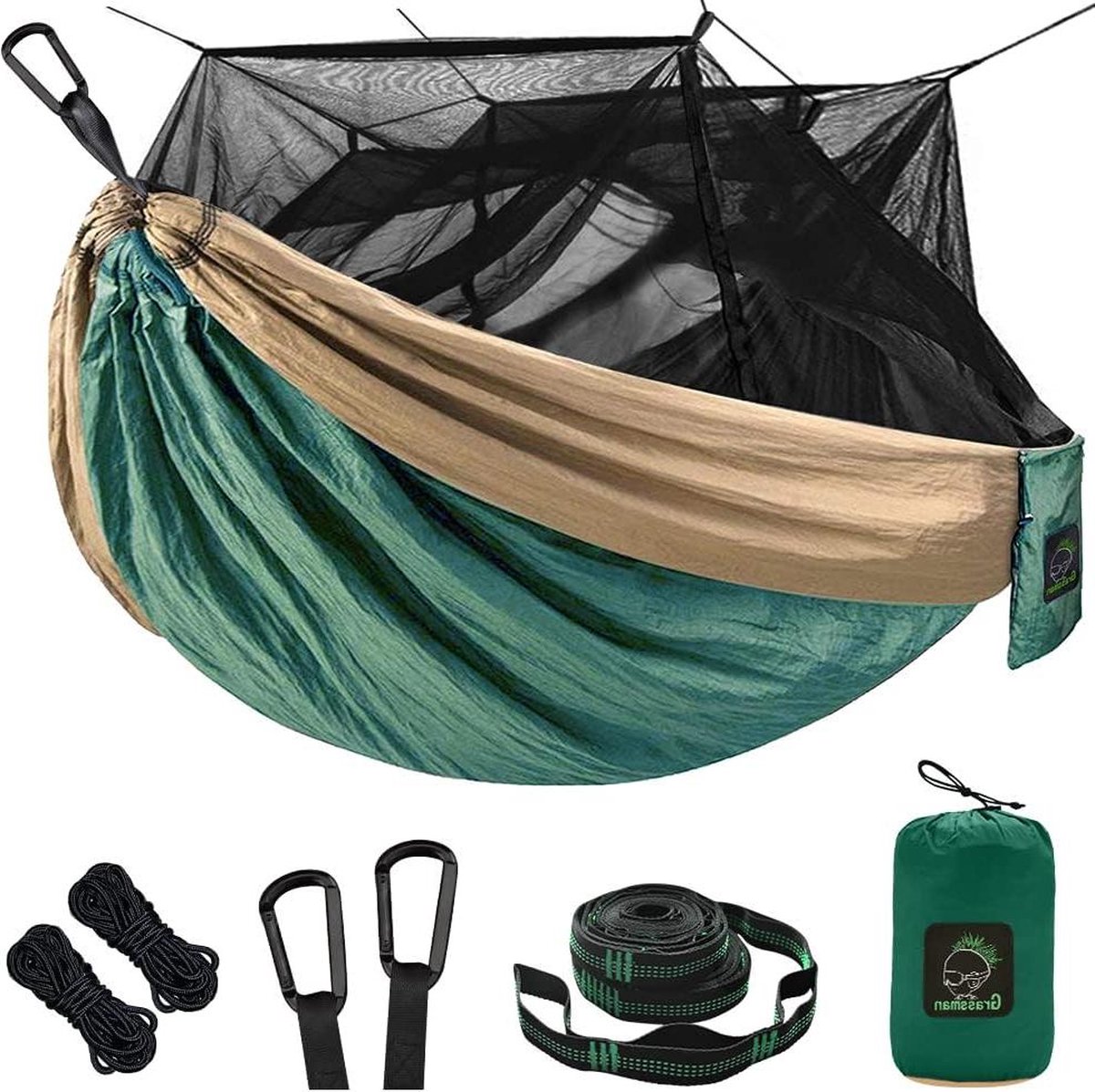 Muggennet dubbele hangmat - Camping hangmat met draagbare hangmat tent - Reizen kamperen kampeeraccessoires - Binnen buiten wandelen backpacken - Achtertuin strand legergroen (8785301184759)