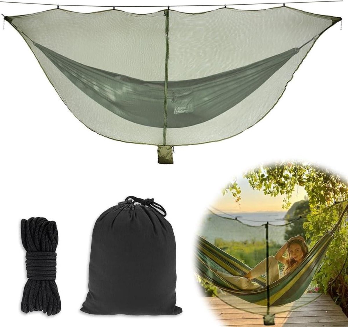 Muggennet voor hangmat - 360 graden bescherming - polyester net - dubbelzijdige rits - Lichtgewicht - reizen - hangmat insectennet - wandelen - buiten (8785300392124)